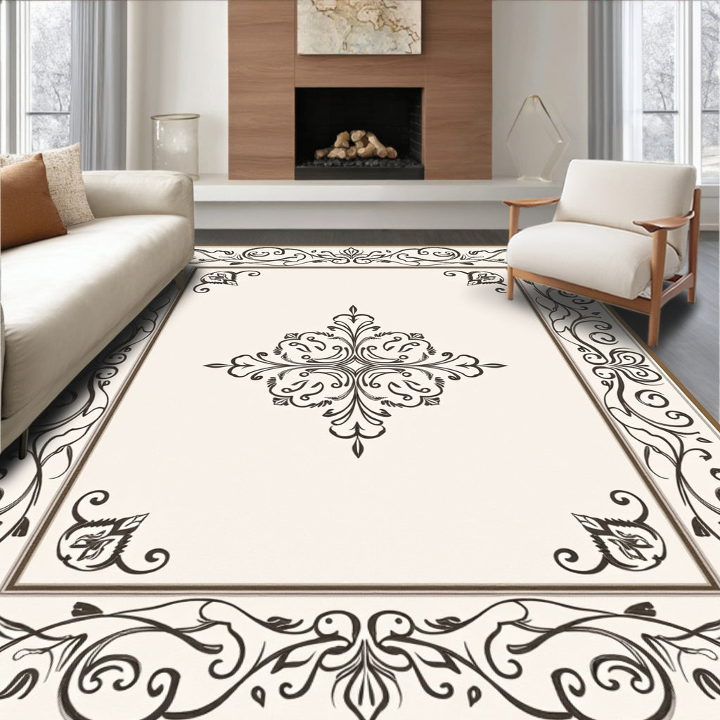 Elegant Brown Golden Floral Scroll Rug