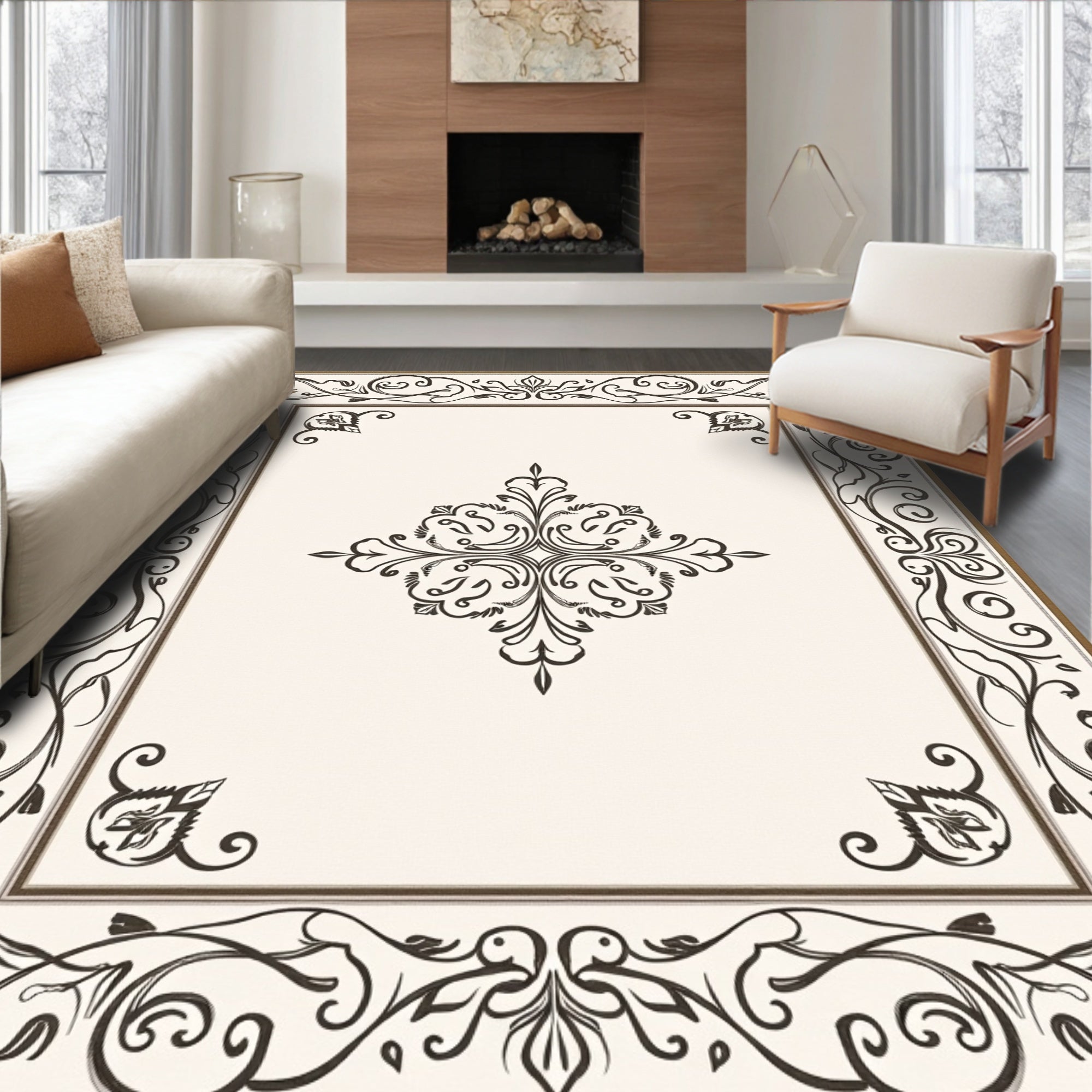Elegant Brown Golden Floral Scroll Rug