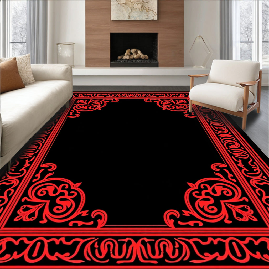 Ornate Red Scrolling Vintage Frame Rug