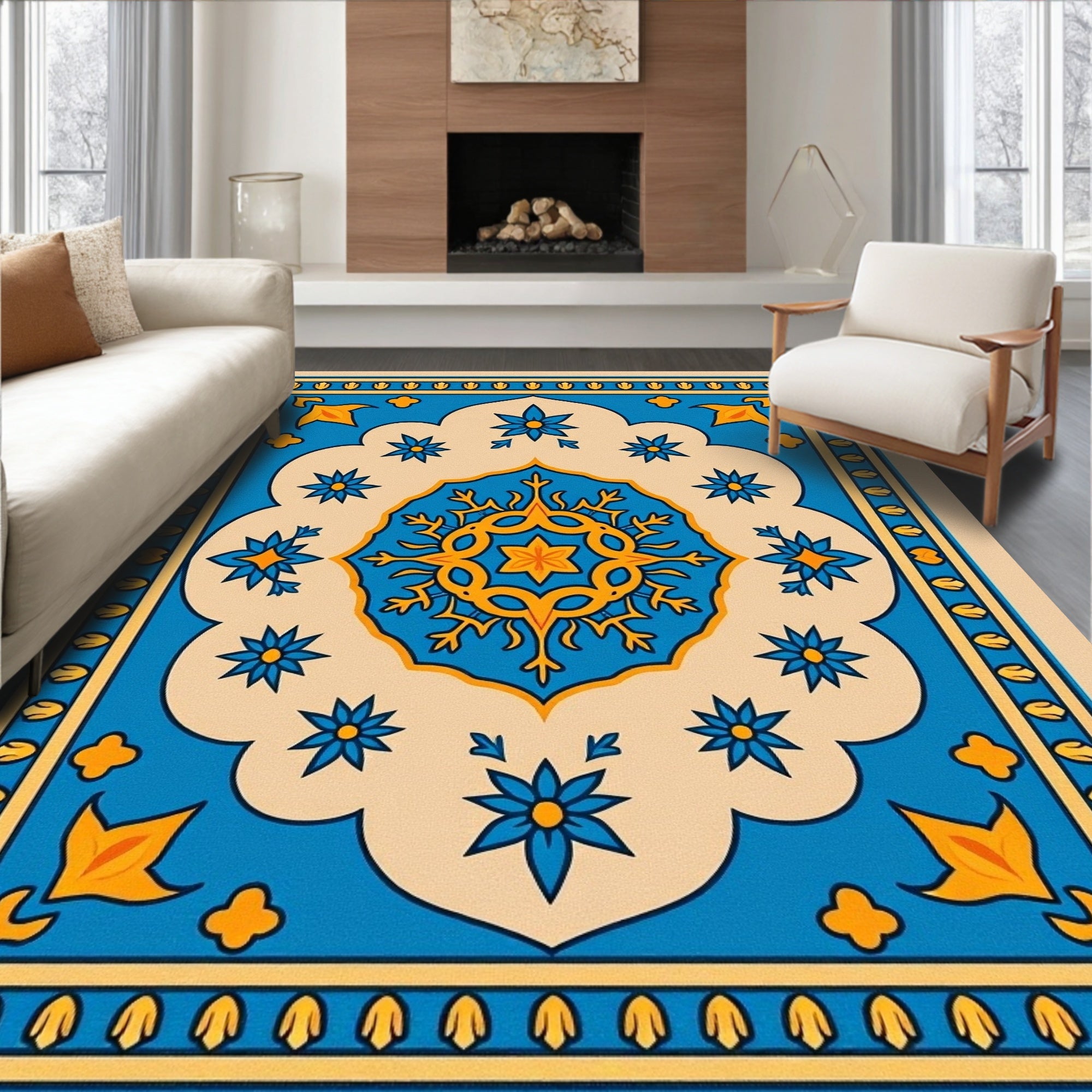 Bold Blue Yellow Floral Medallion Rug