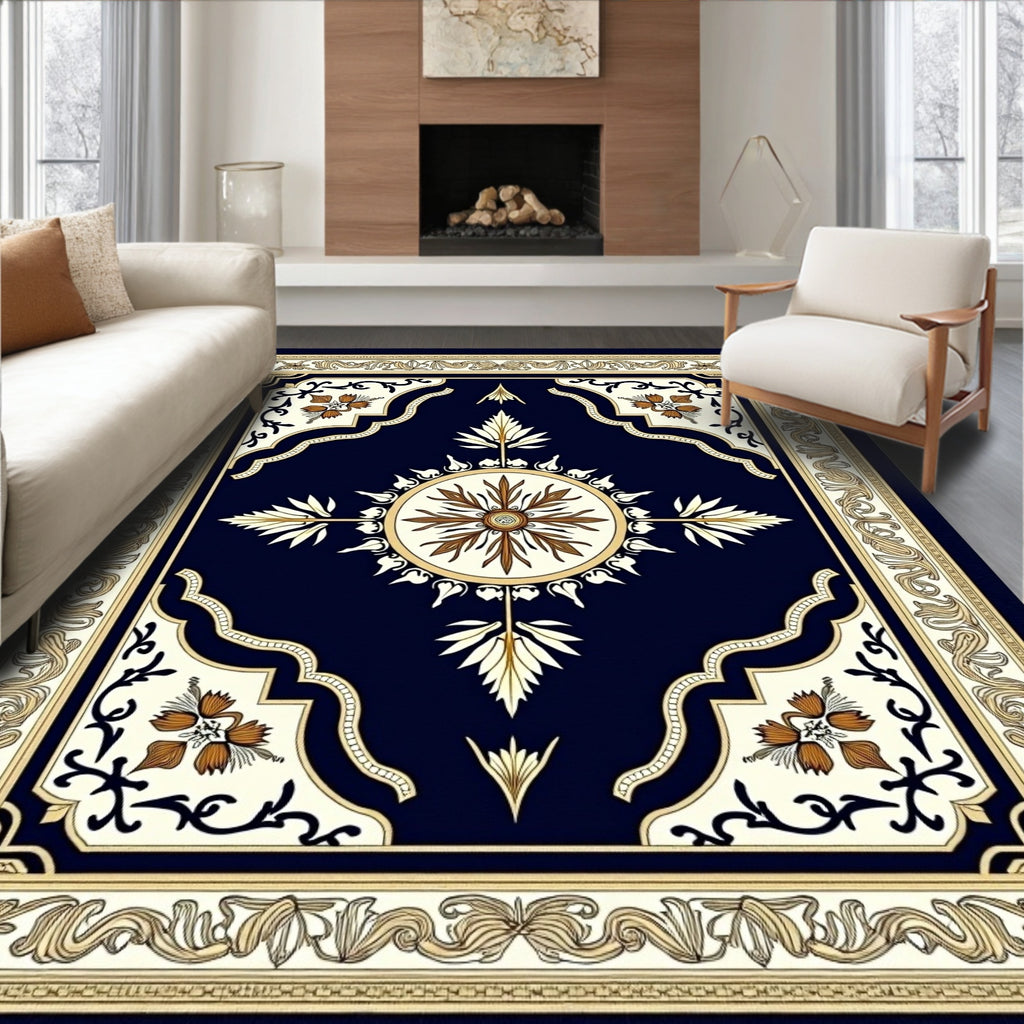 Deep Navy Floral Medallion Border Rug