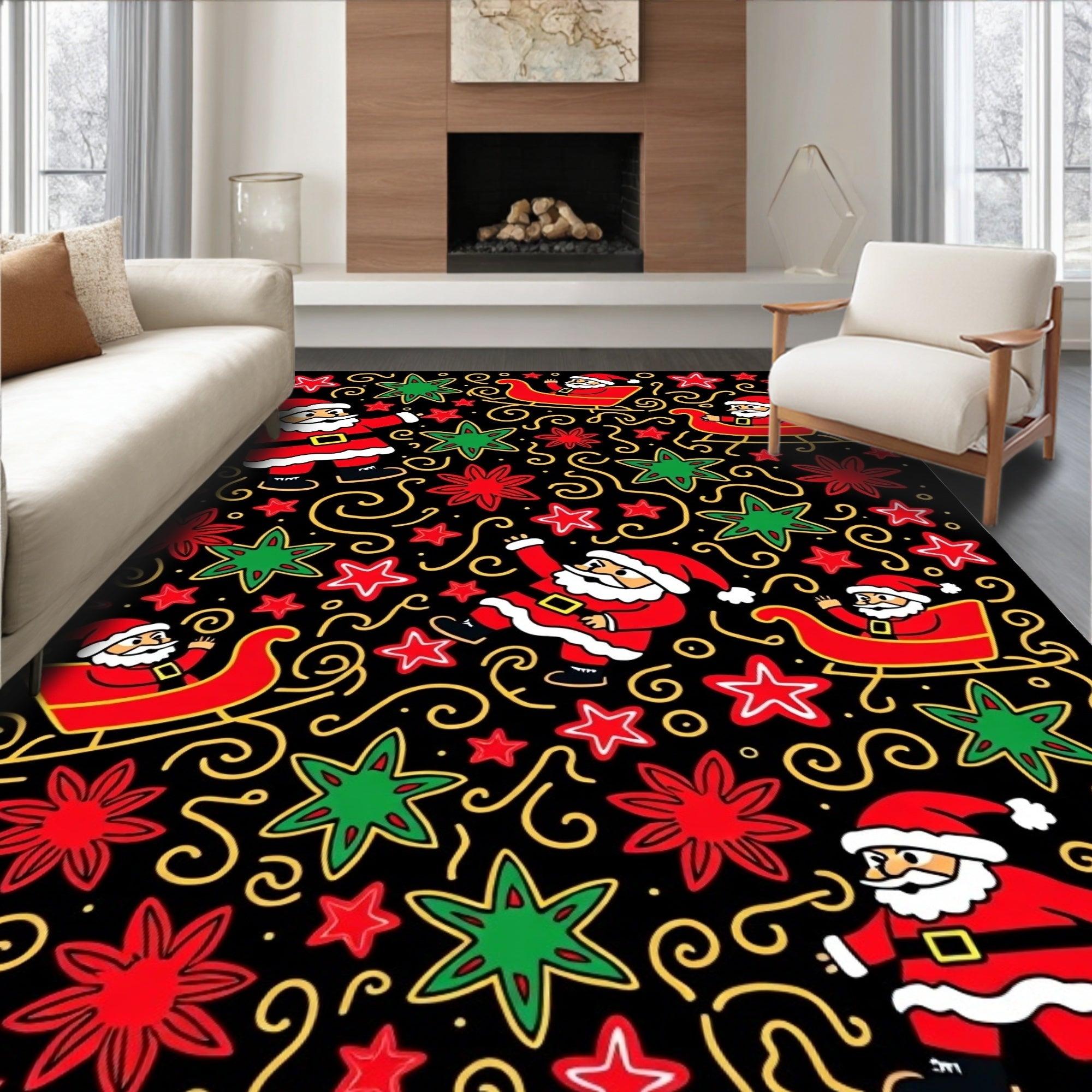 Christmas Santa Sleigh Star Swirl Rug