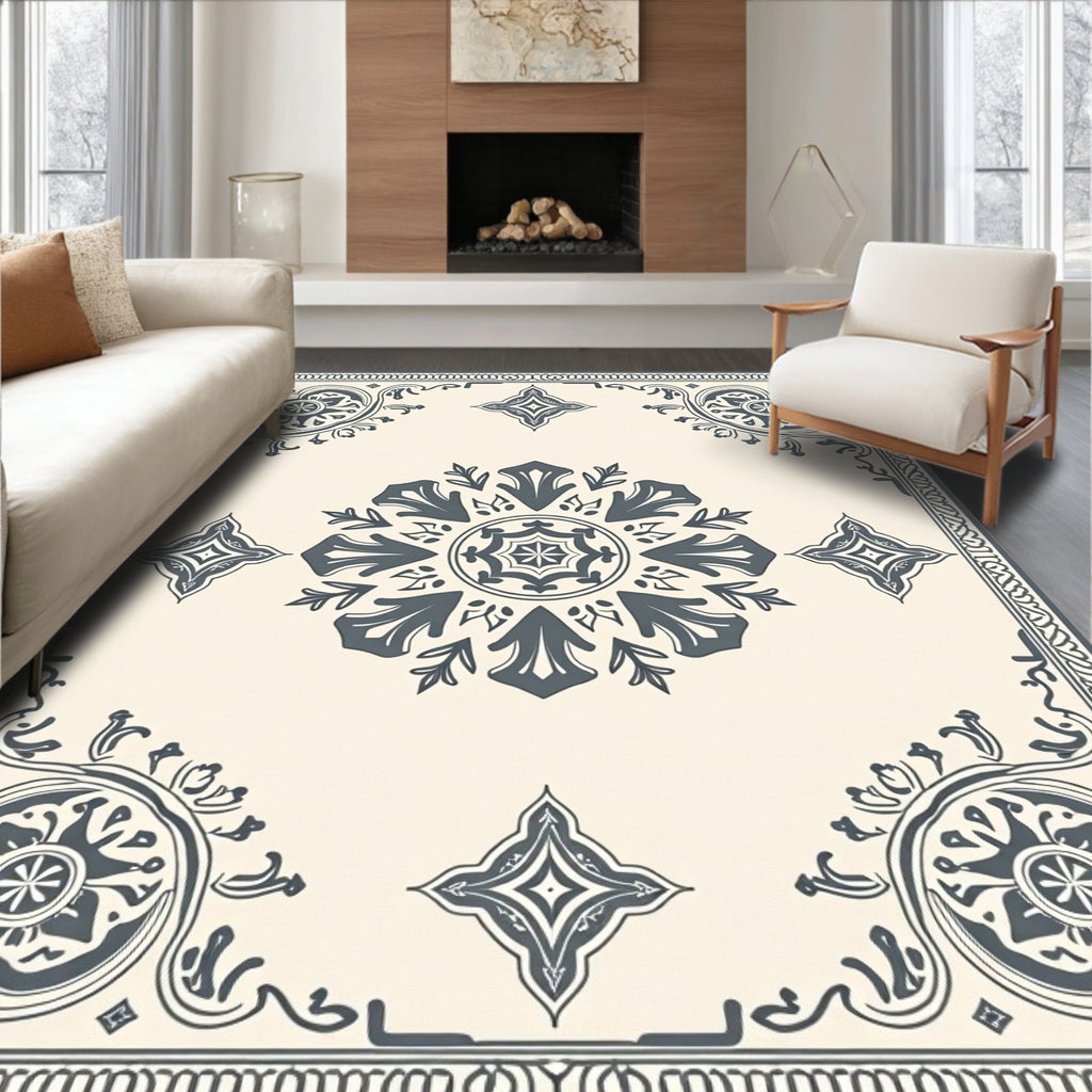 Ornate Cream Gray Floral Medallion Rug