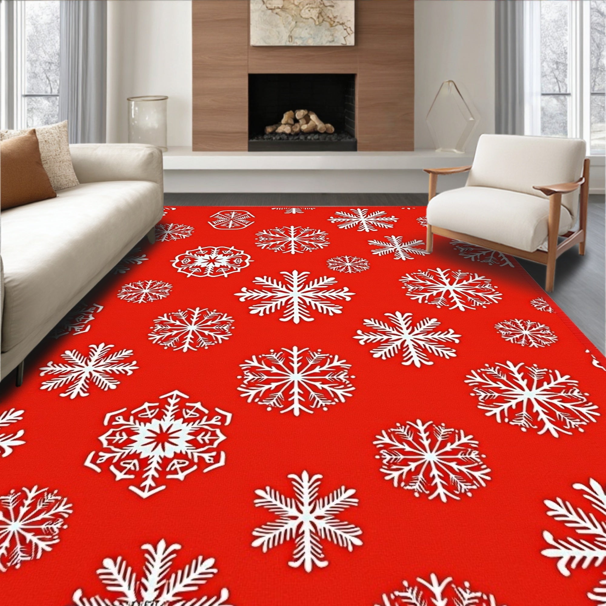 Winter White Snowflakes on Red Background Rug