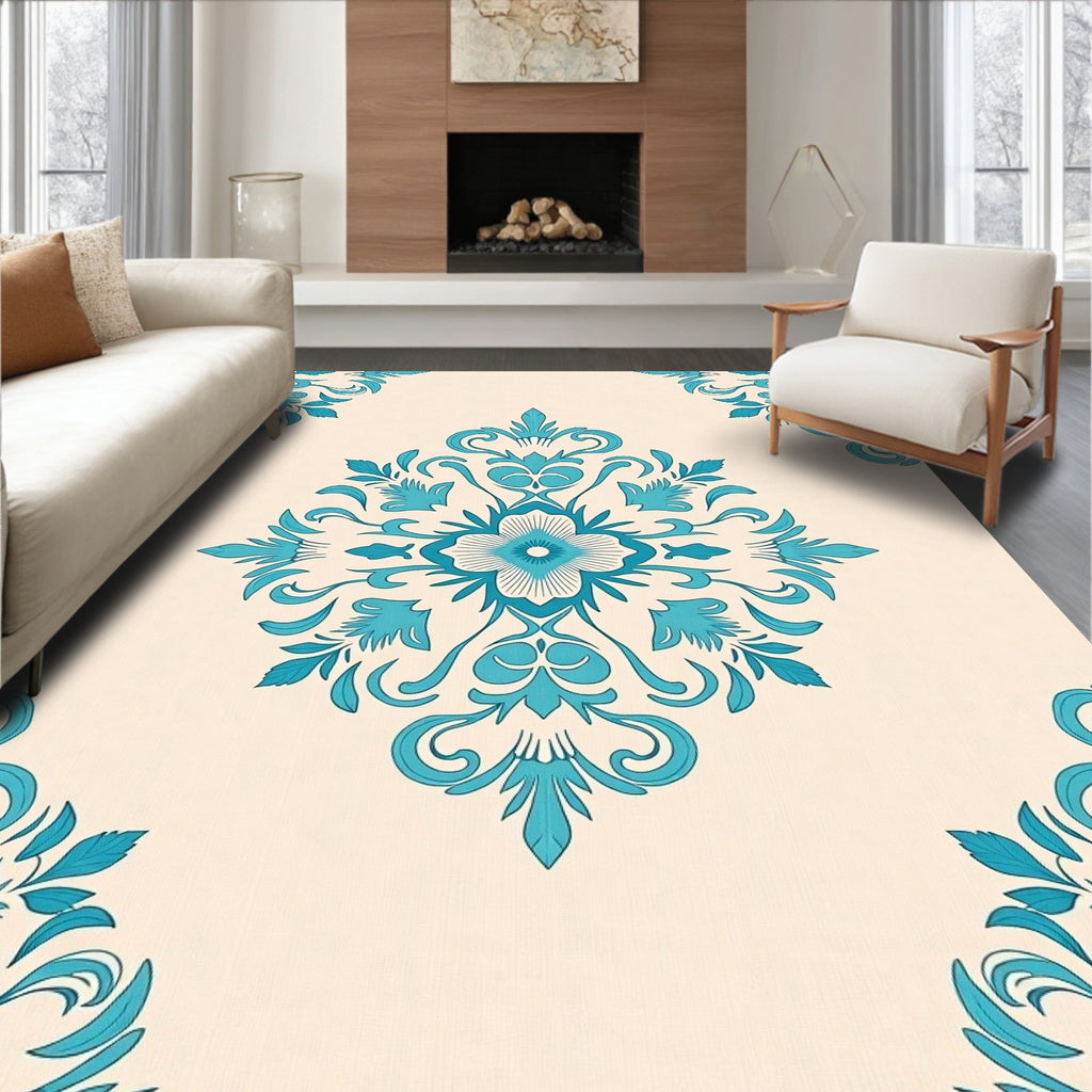 Teal Floral Damask Medallion Rug