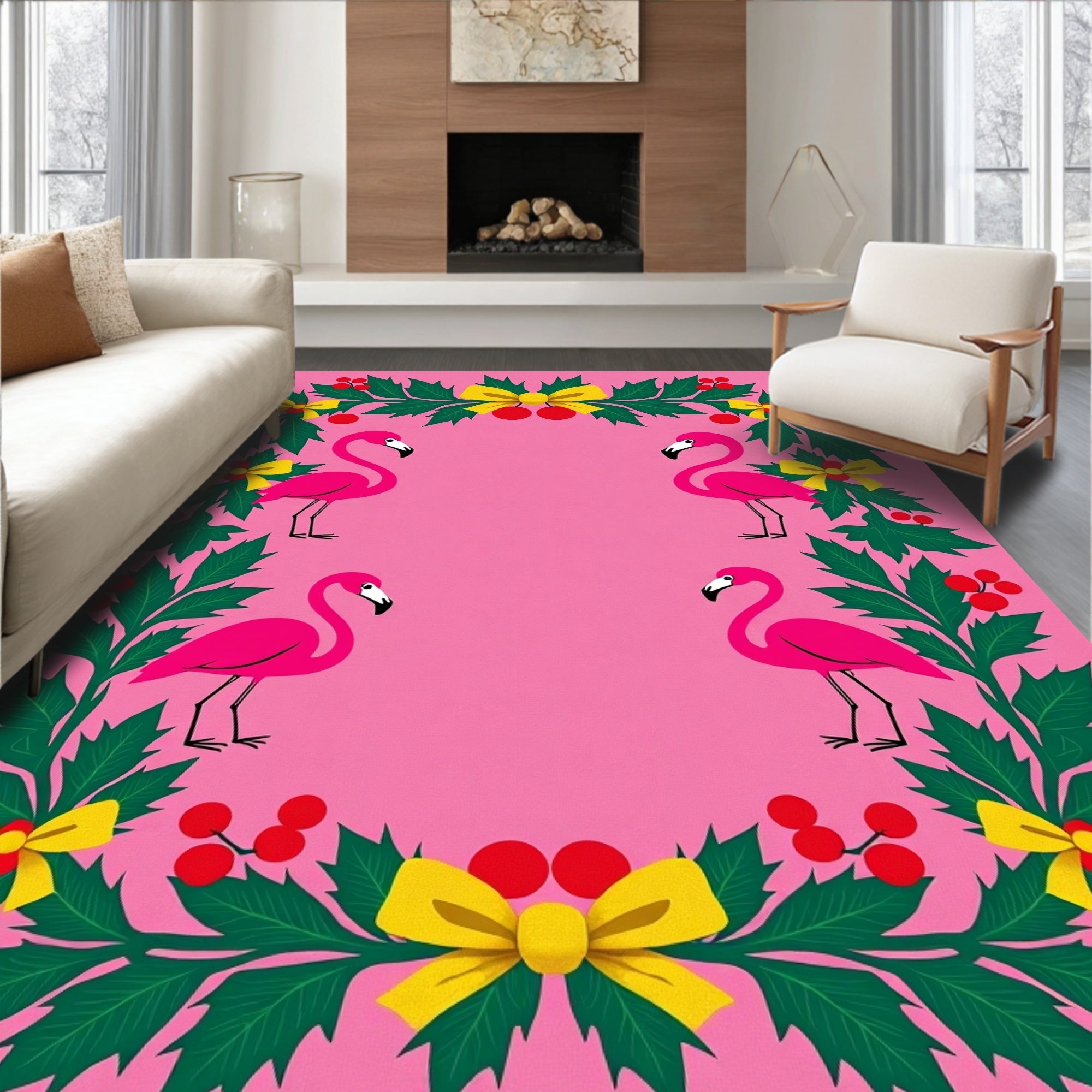 Pink Flamingo Holly Garland Whimsical Rug