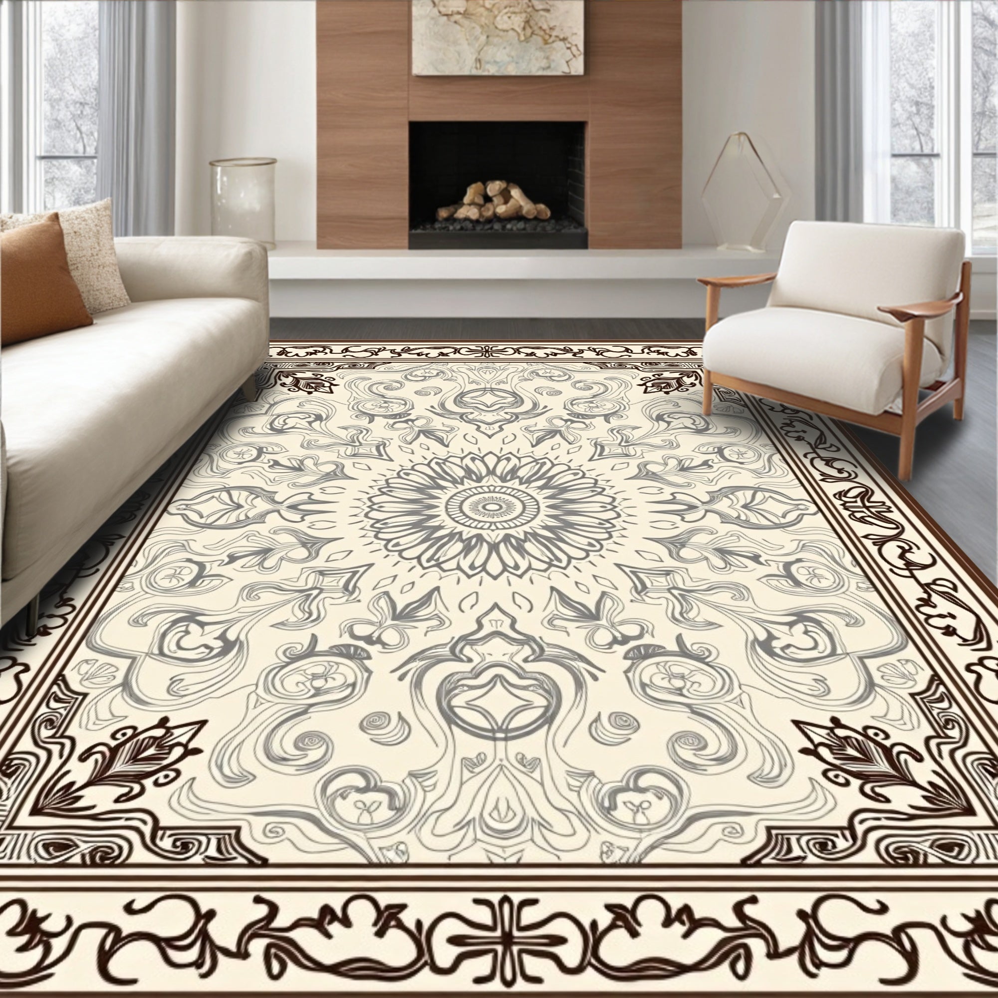 Cream and Brown Floral Medallion Rug