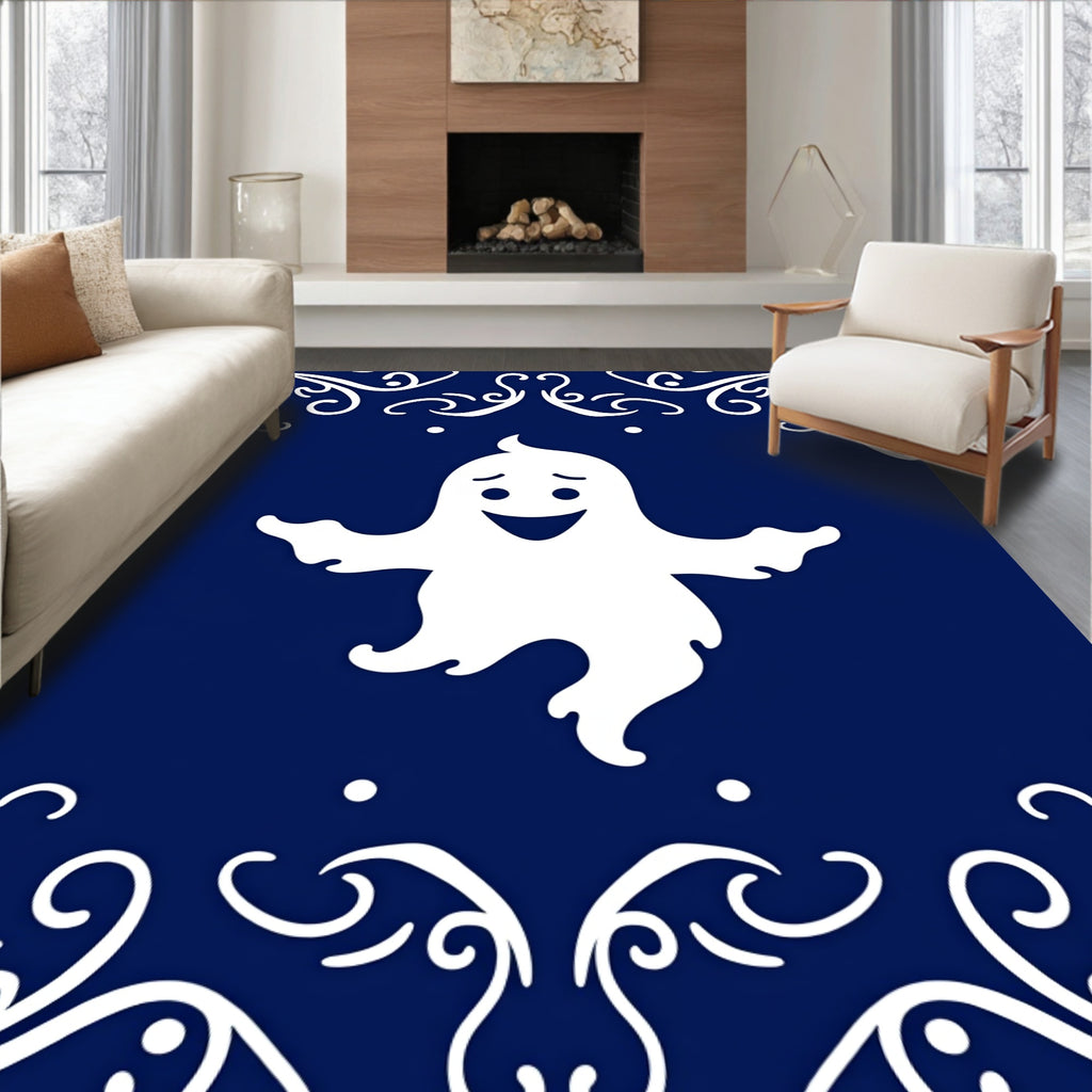 Spooky White Ghost Blue Swirl Frame Rug