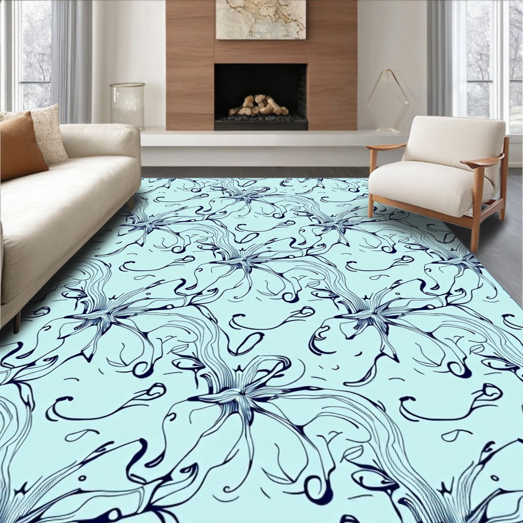 Pale Blue Dark Line Floral Swirl Rug
