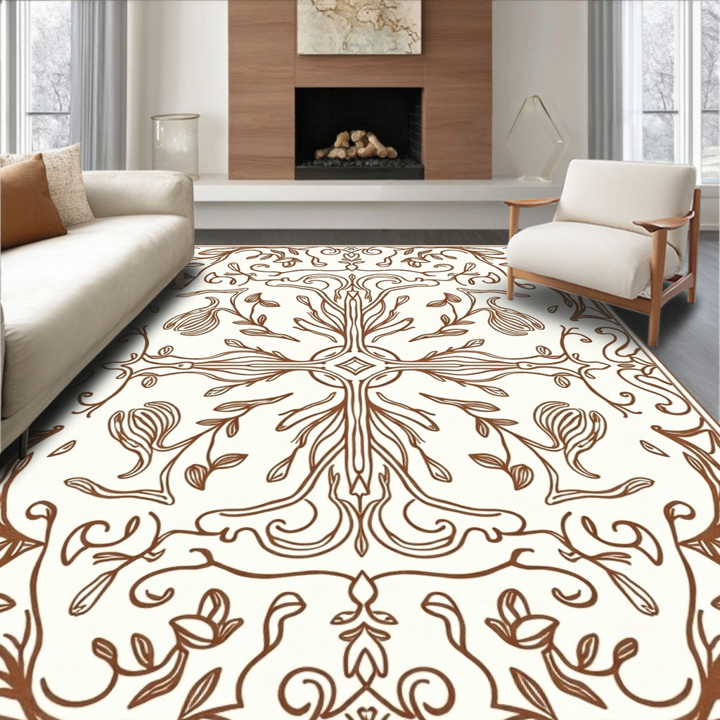 Brown Outline Botanical Blossom Square Rug