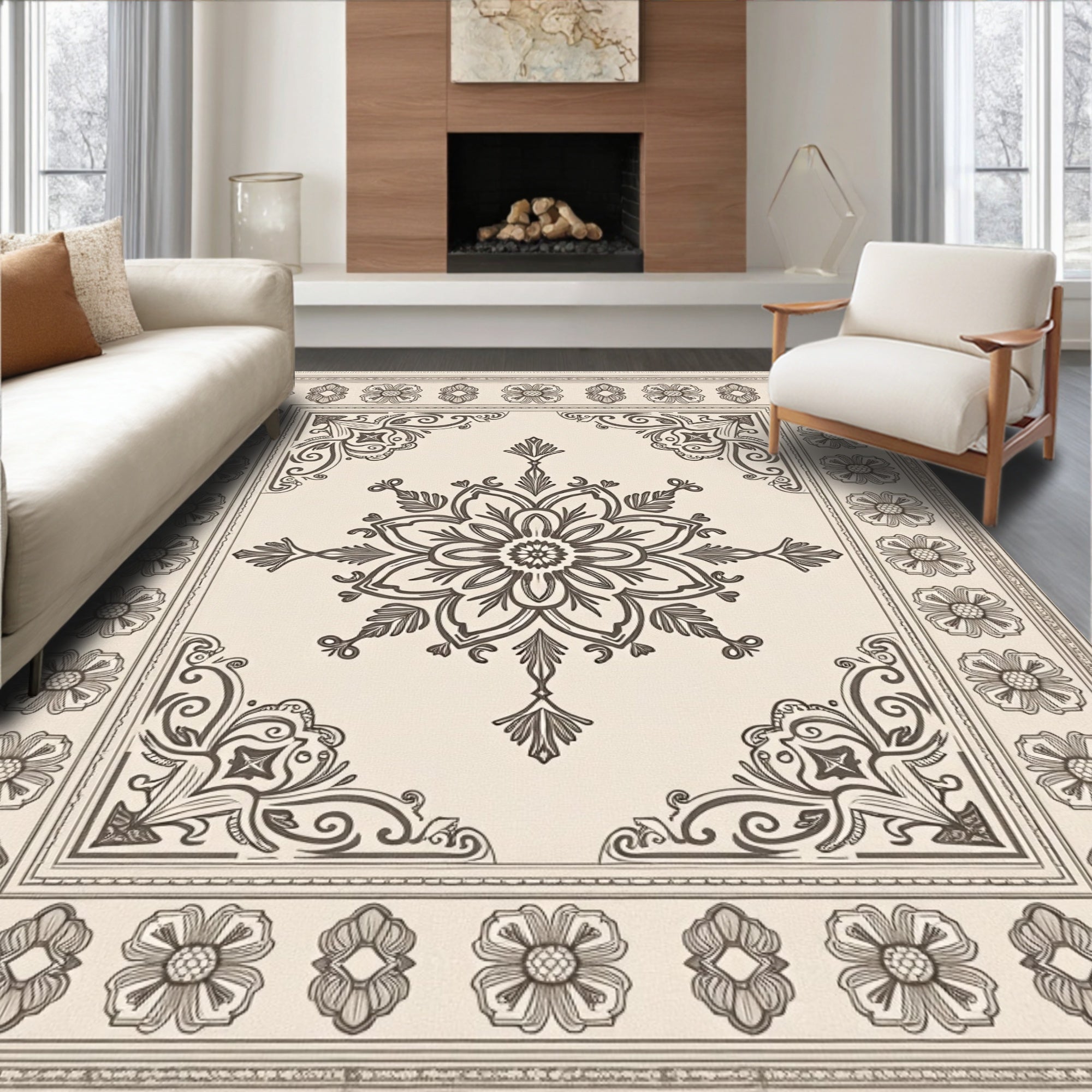 Cream Floral Medallion Border Artwork Rug