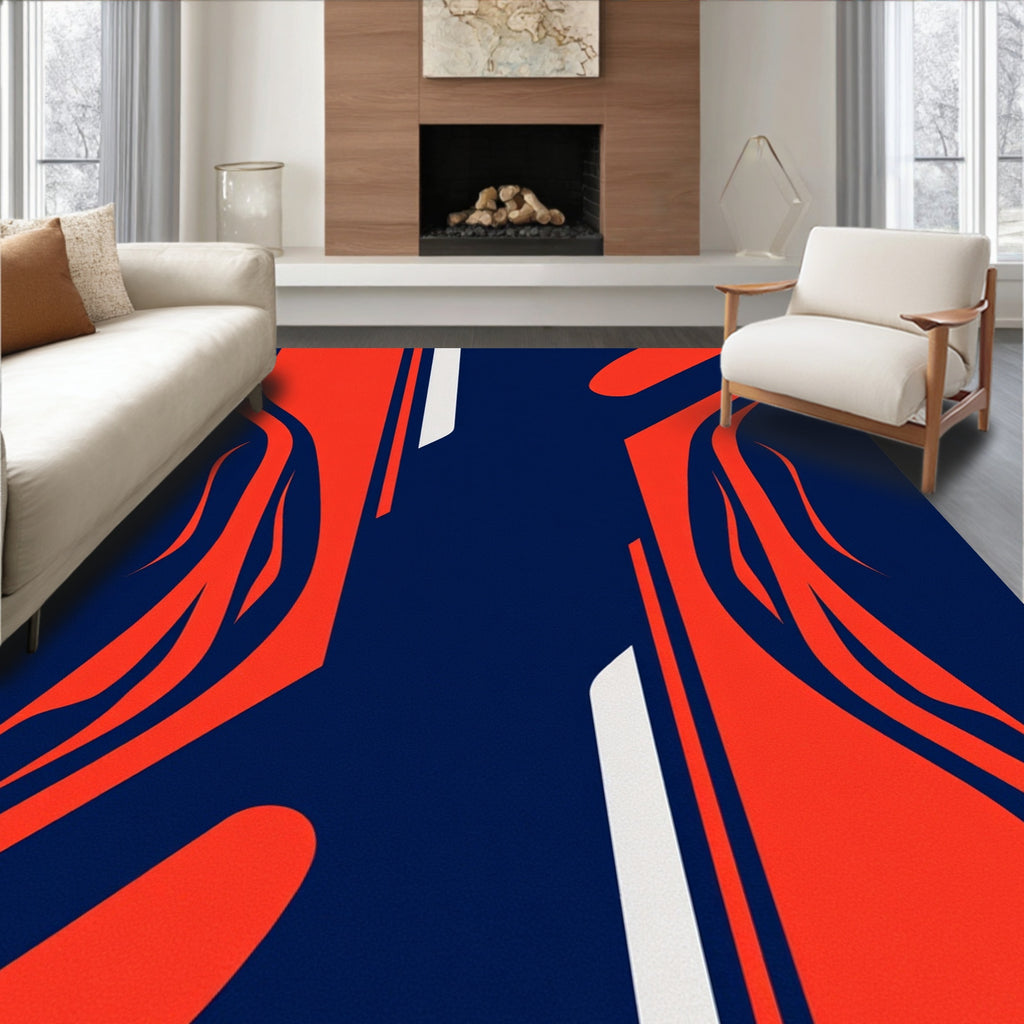Bold Red Abstract Curves Dark Blue Rug