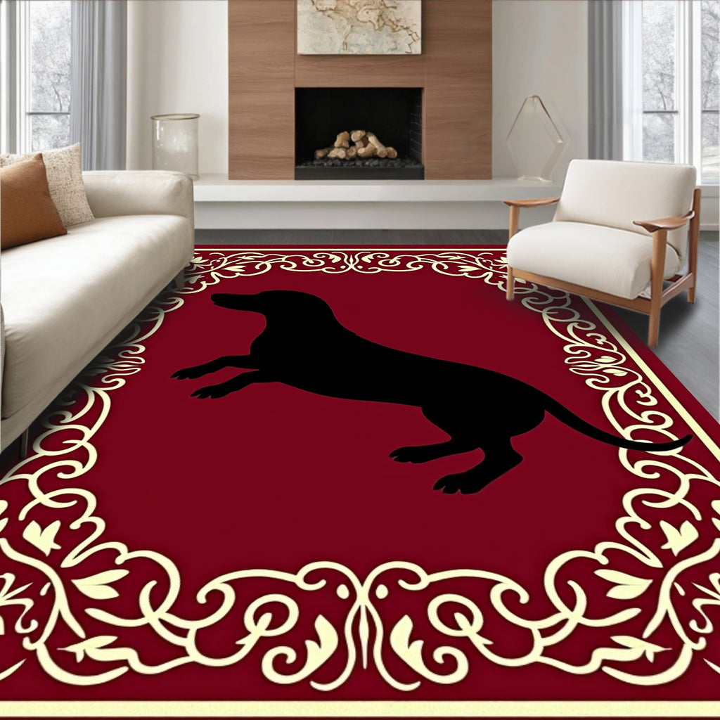 Crimson Floral Border Dog Silhouette Rug