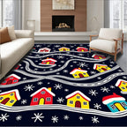 Cozy Red Yellow Houses Snowflakes Rug