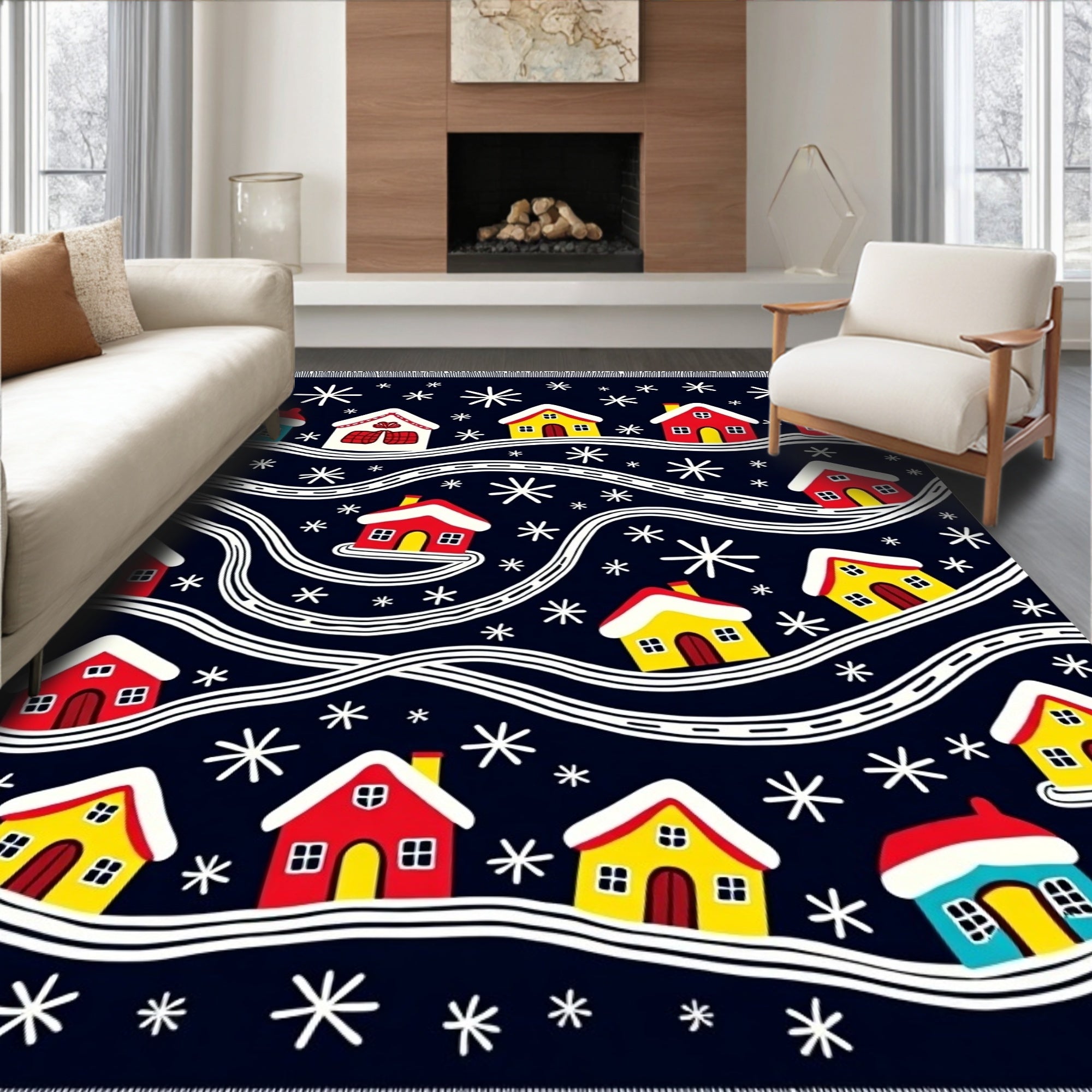 Cozy Red Yellow Houses Snowflakes Rug