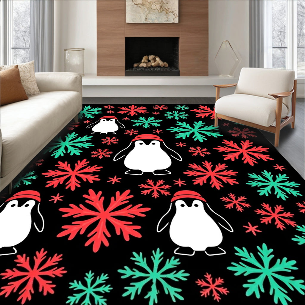 Cute Penguin Snowflake Festive Red Teal Rug