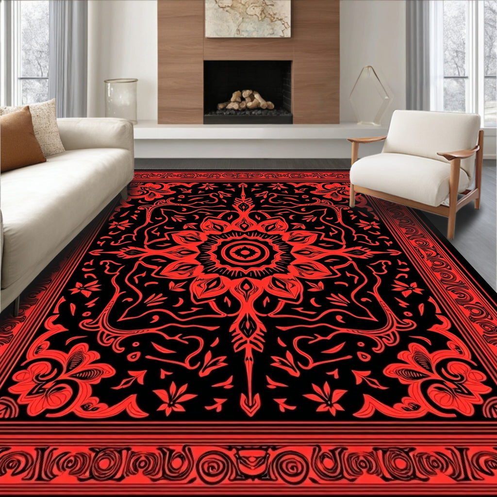 Crimson Floral Mandala Garden Accent Rug