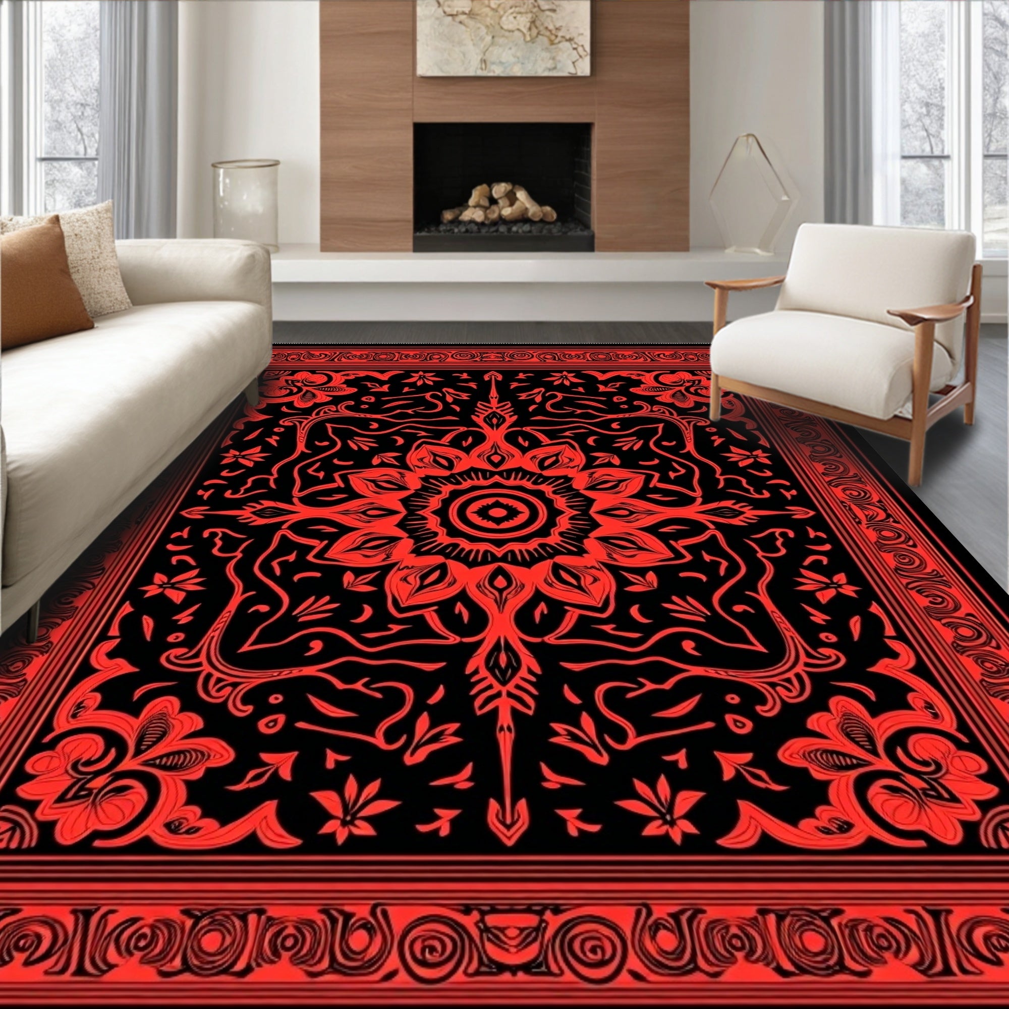 Crimson Floral Mandala Garden Accent Rug
