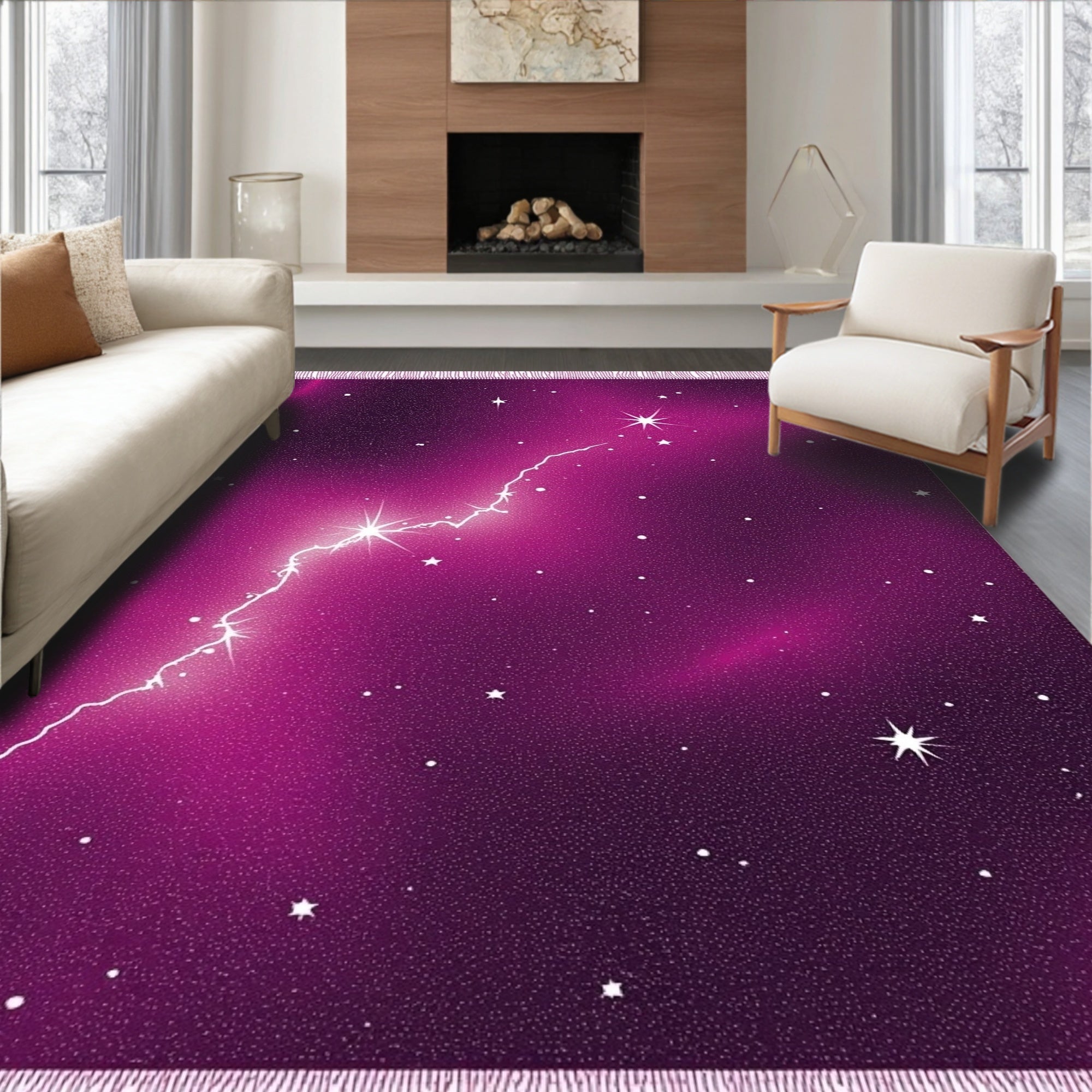 Vibrant Pink Cosmic Lightning Stars Rug