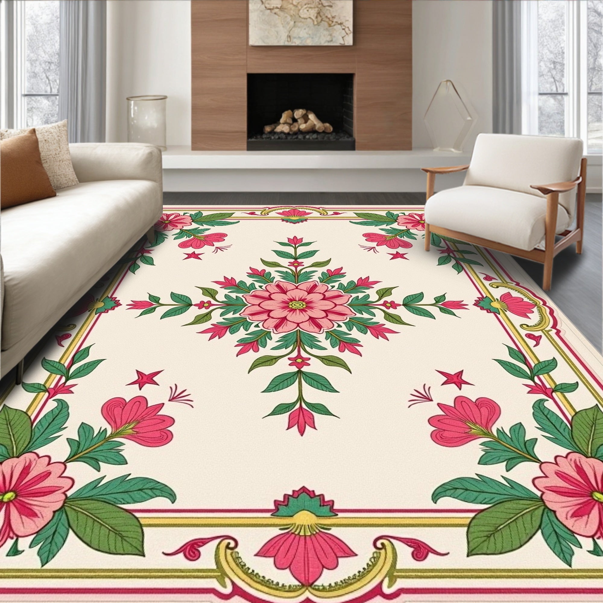 Pink Floral Garden Border Arrangement Rug