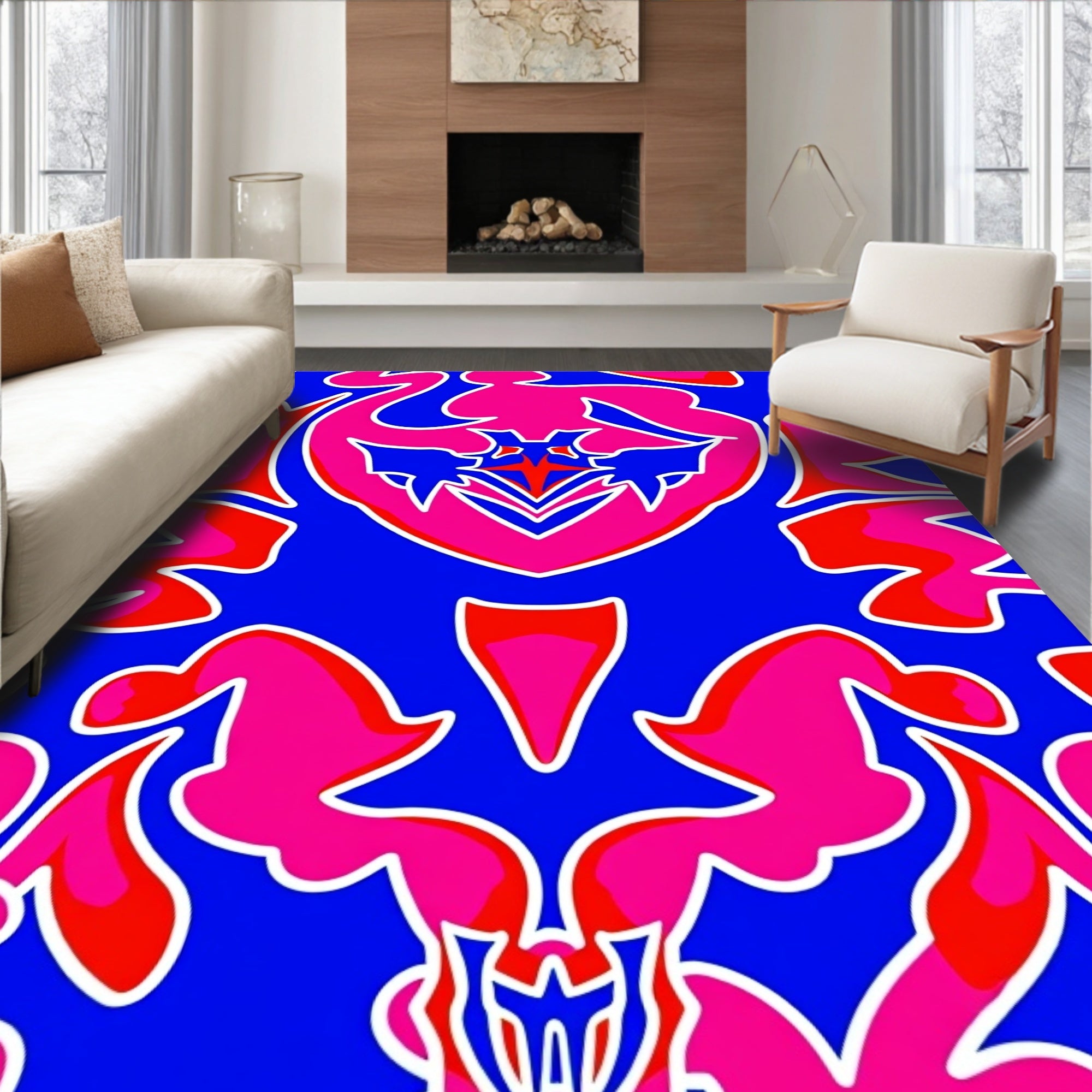 Vibrant Blue Pink Red Abstract Symmetry Rug