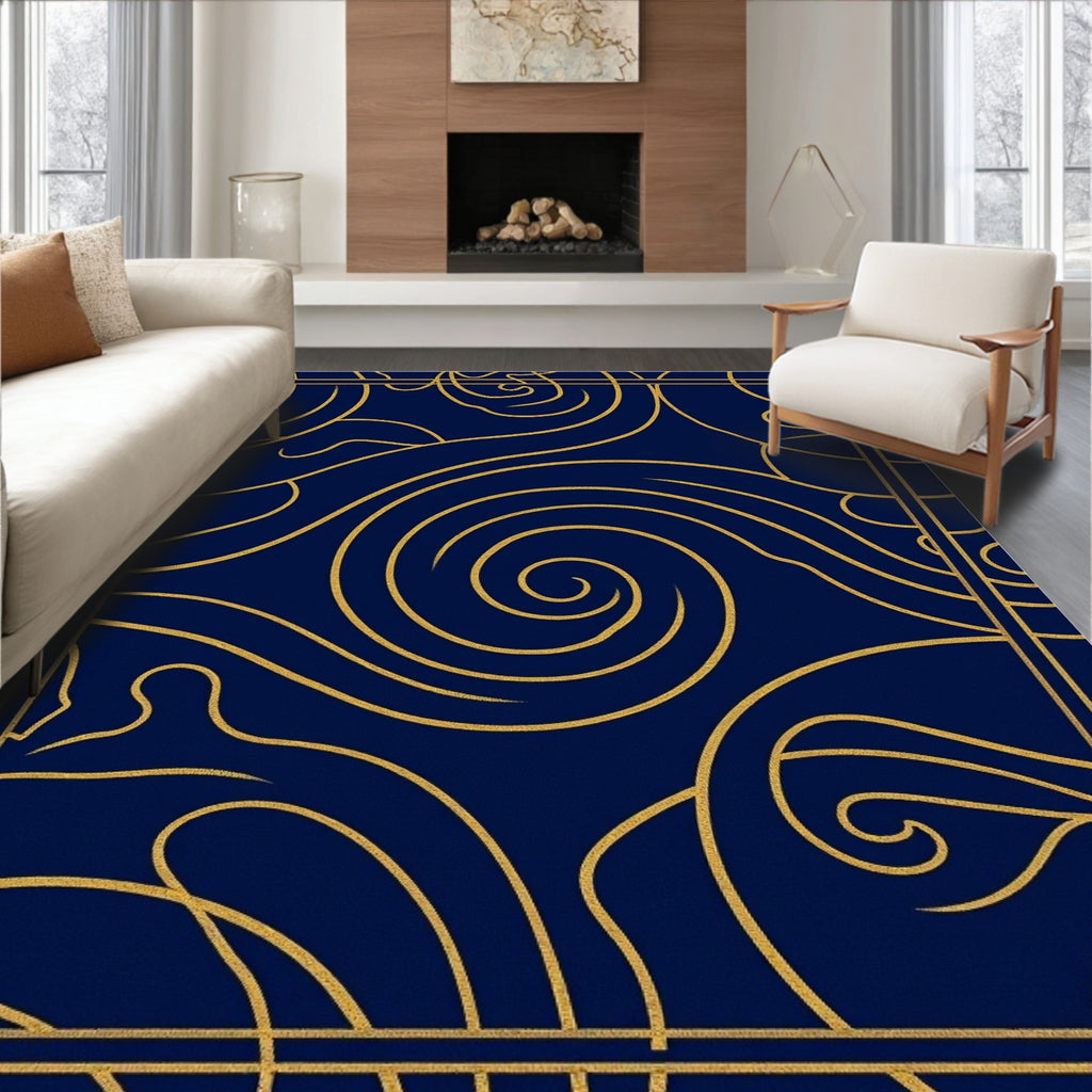 Deep Blue Gold Swirl Art Deco Rug