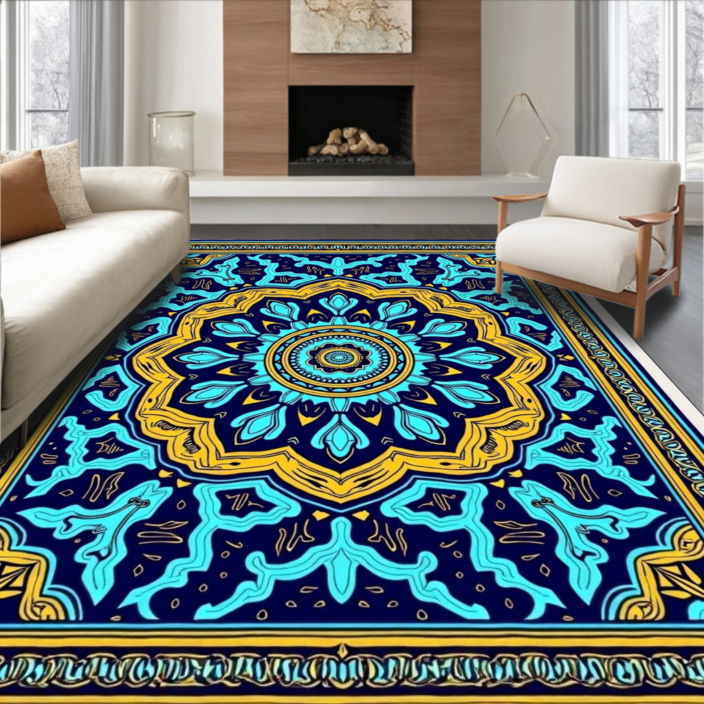 Deep Blue Golden Floral Mandala Rug