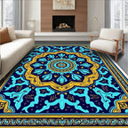 Deep Blue Golden Floral Mandala Rug