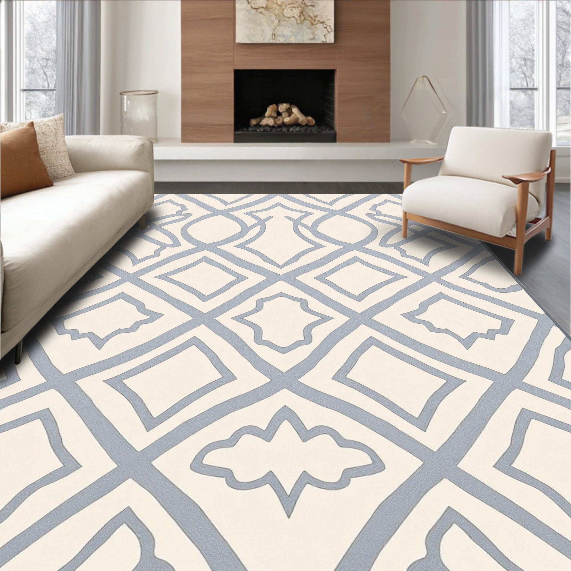 Soft Blue Lattice Arabesque Rug