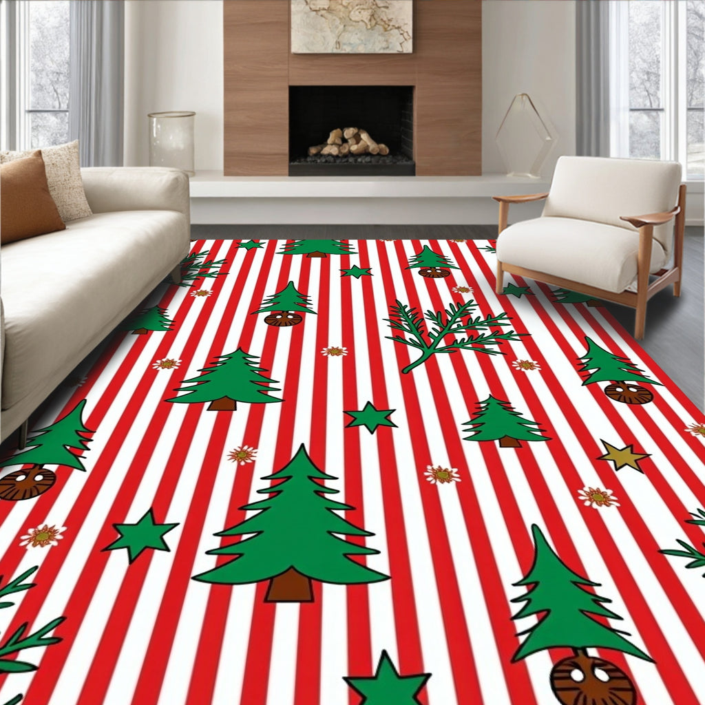 Red White Stripe Christmas Trees Rug