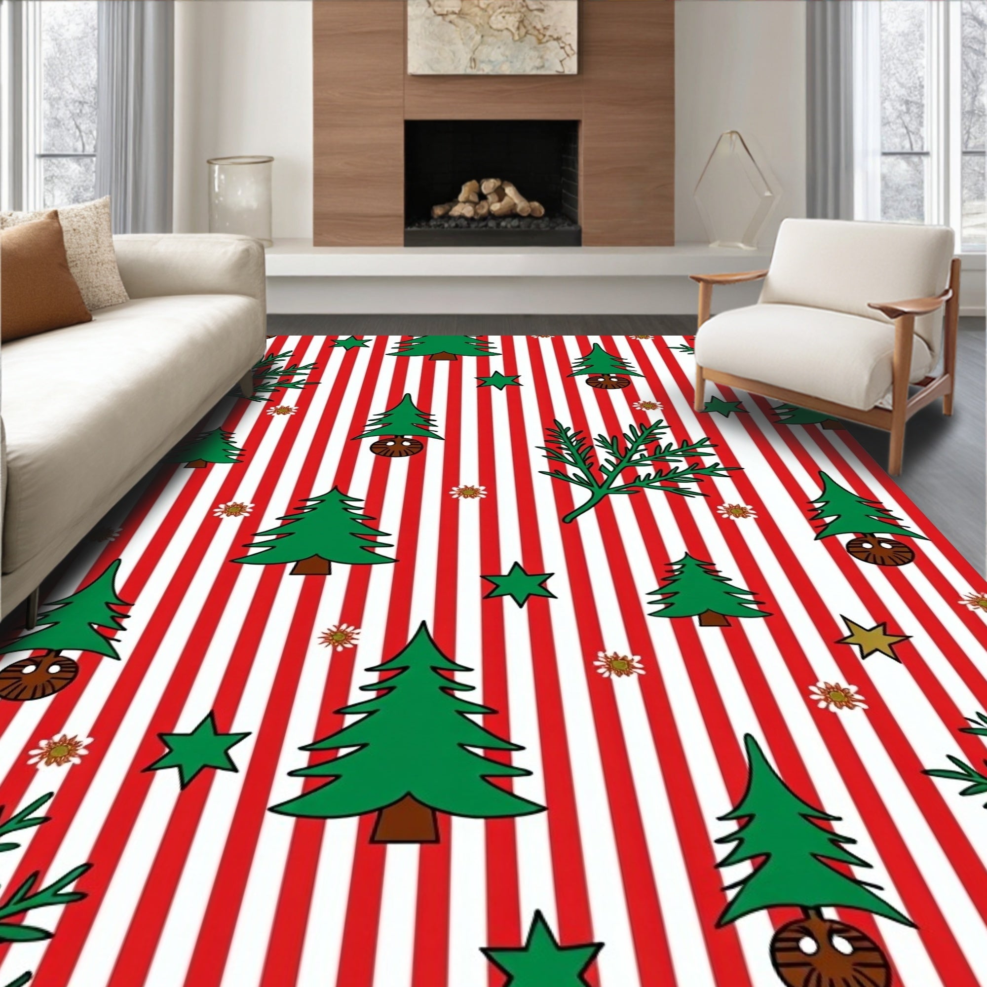 Red White Stripe Christmas Trees Rug