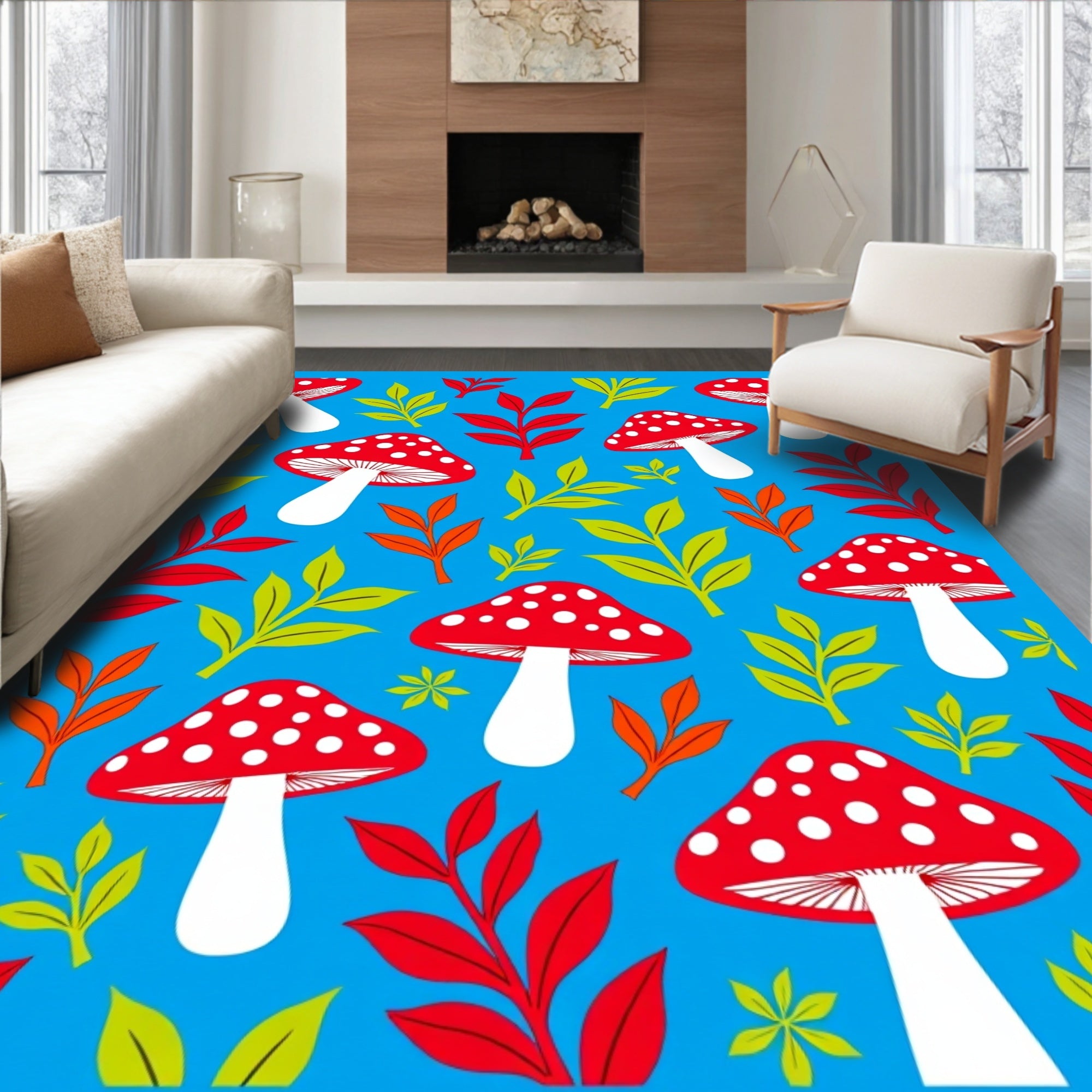 Red Spotted Mushroom Foliage Scatter Rug