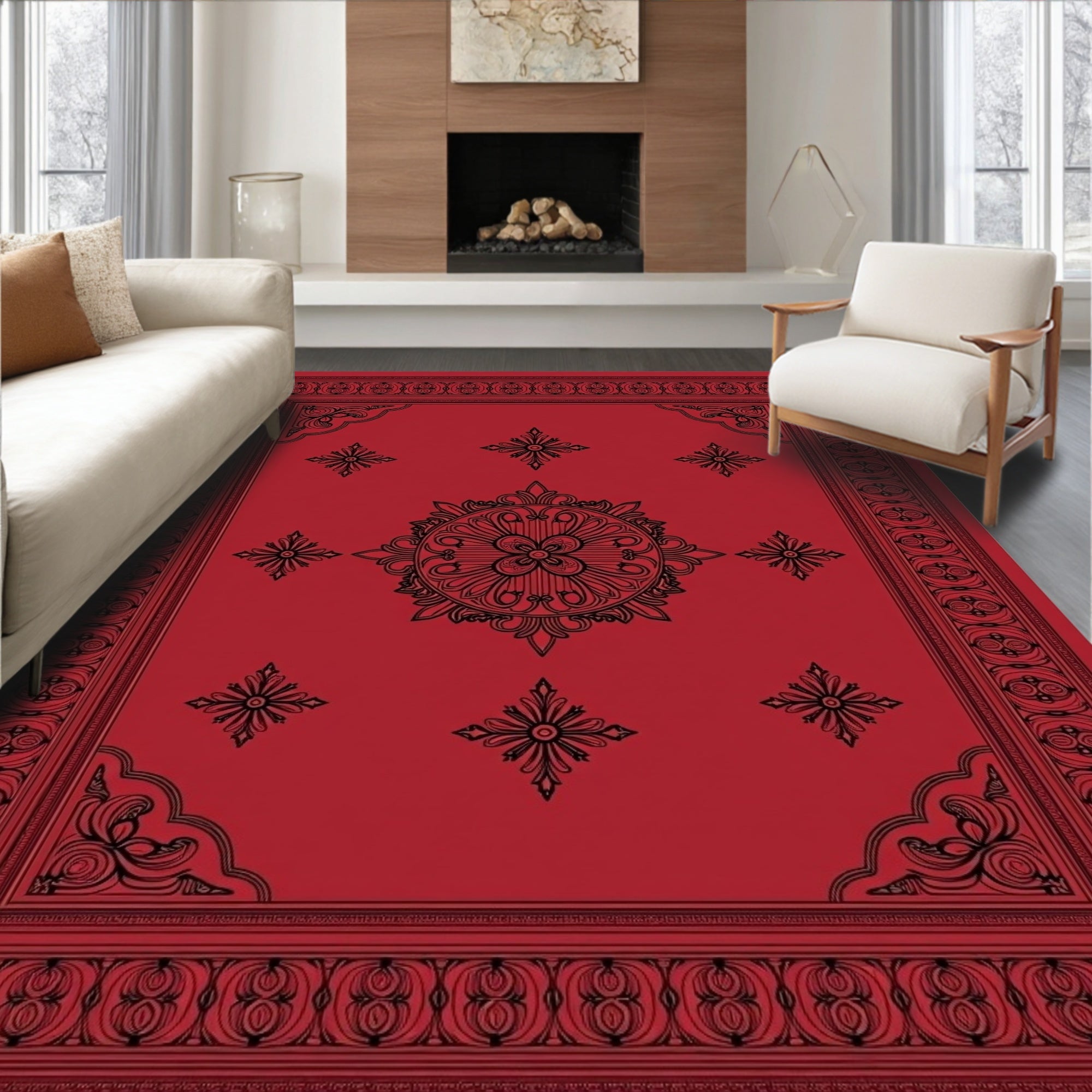 Crimson Black Ornate Central Medallion Rug