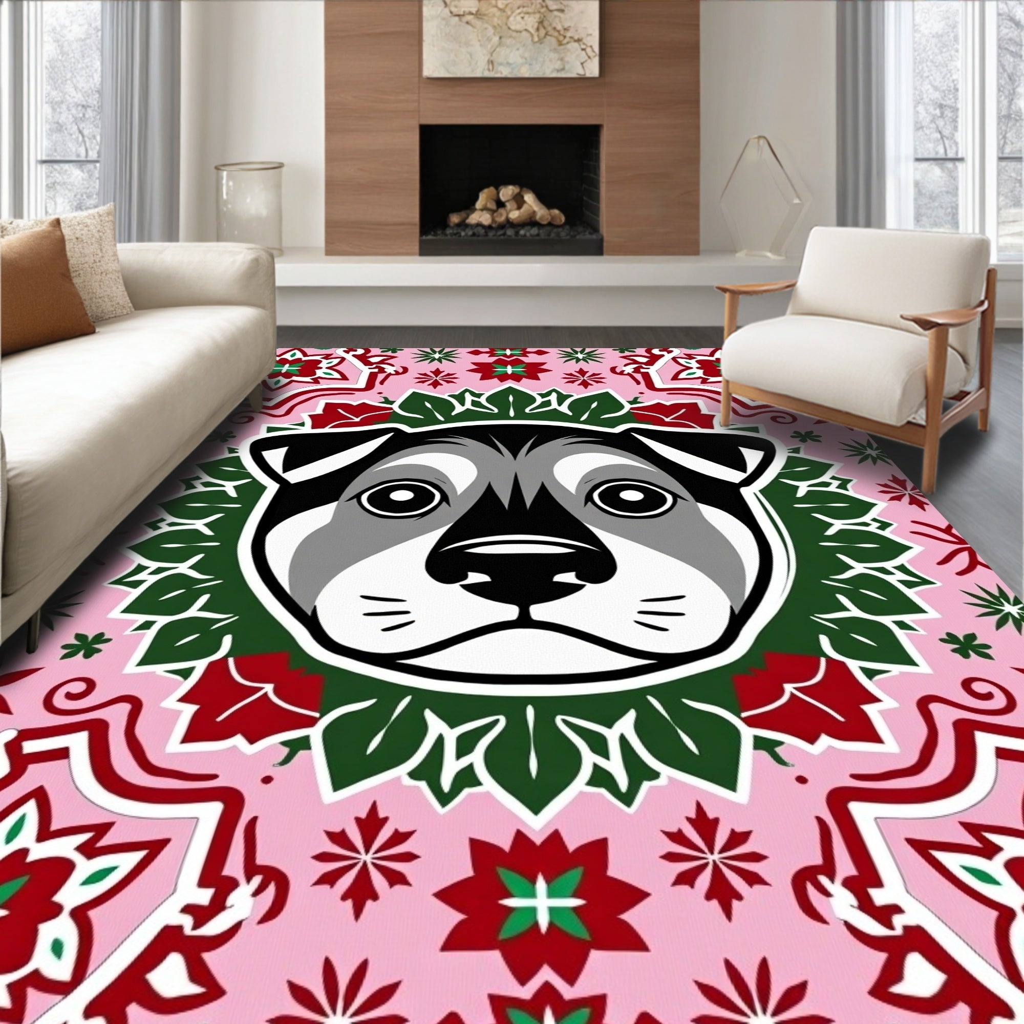 Pink Floral Dog Centered Mandala Rug