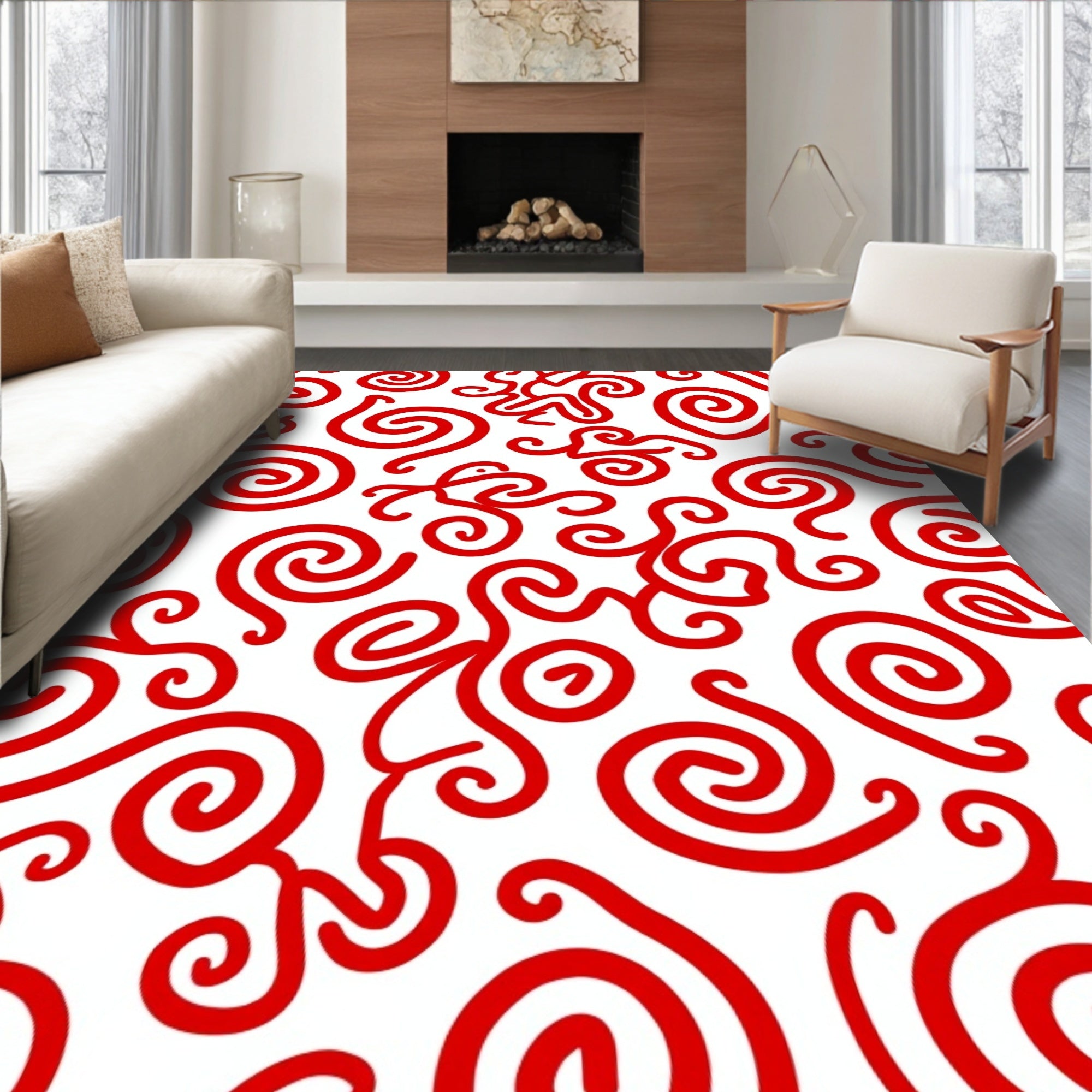 Bold Red Whimsical Swirl Rug