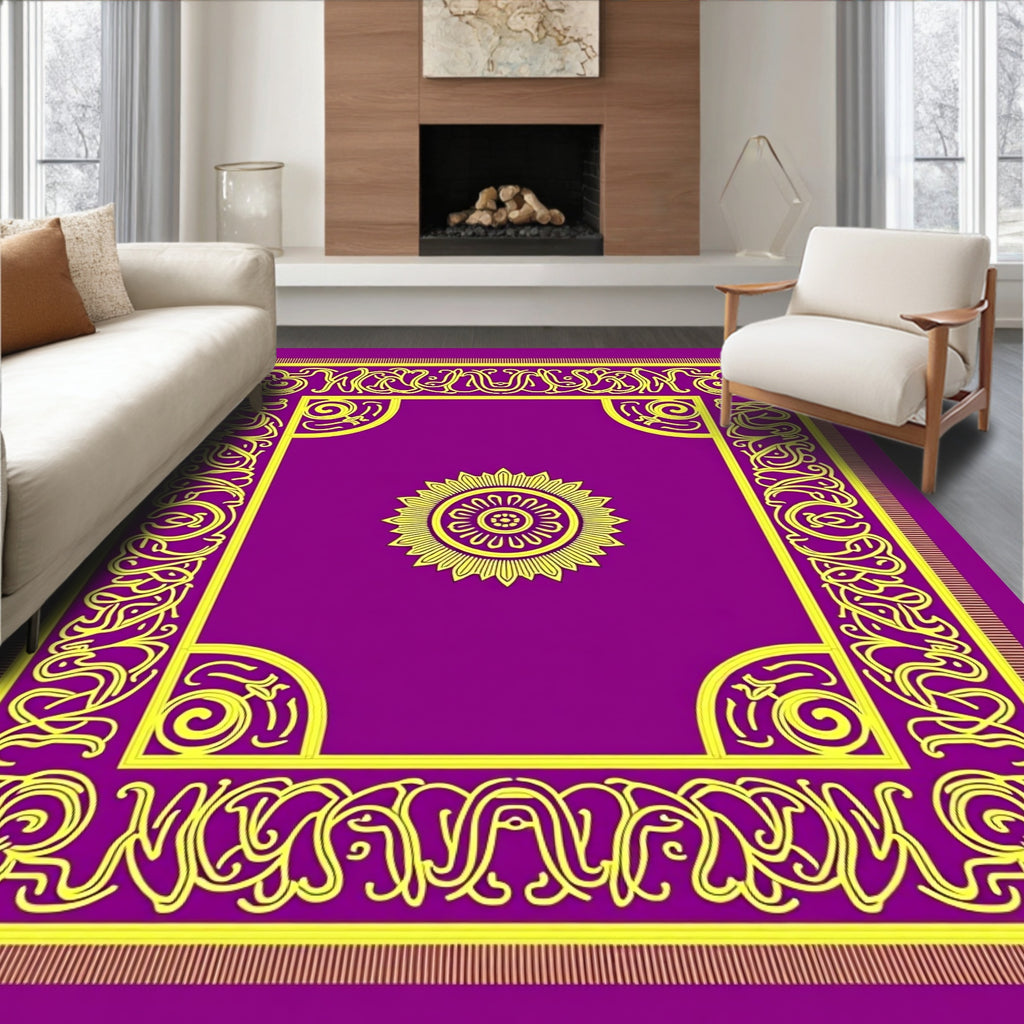 Vibrant Yellow Floral Medallion Purple Border Rug