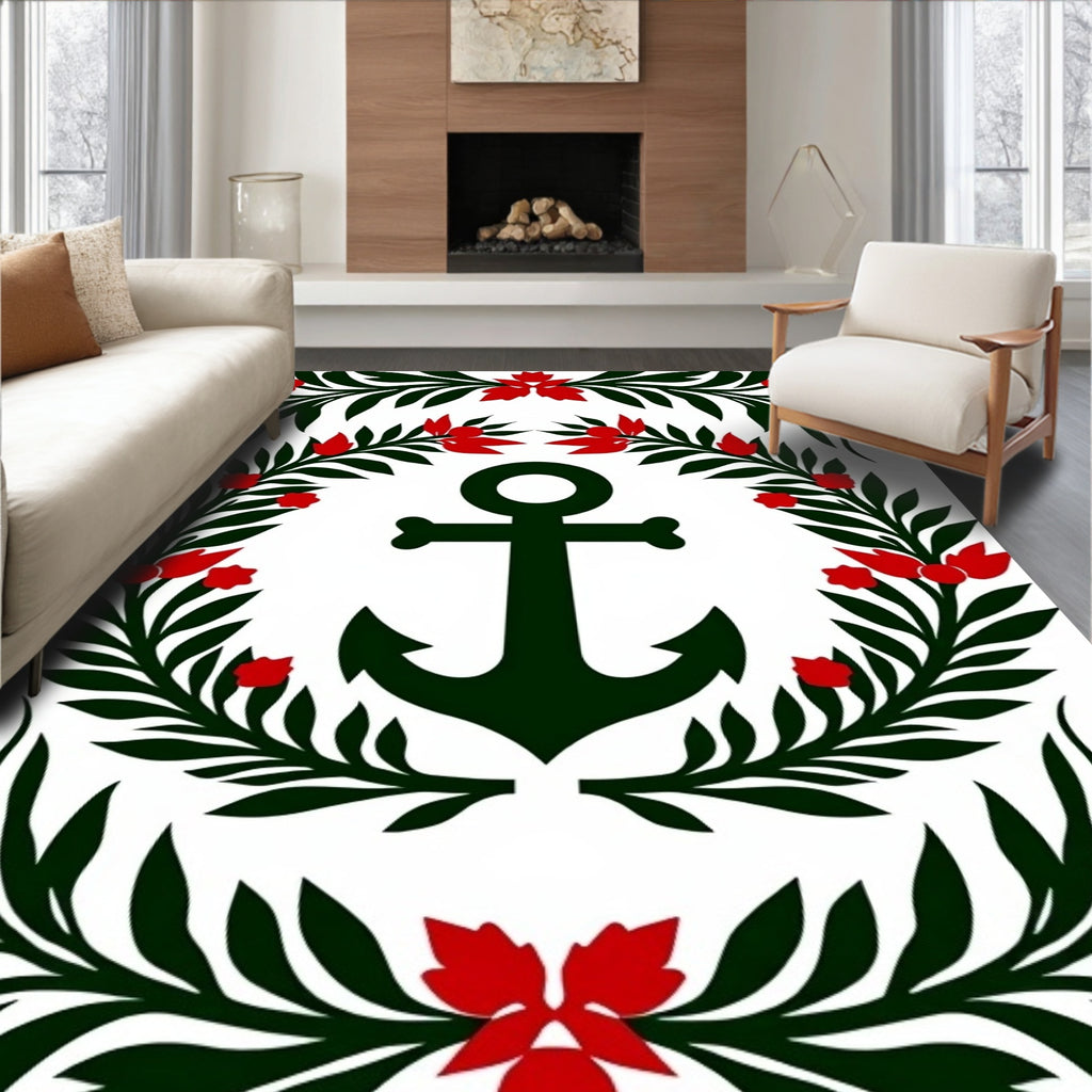 Green Anchor Red Floral Wreath Rug