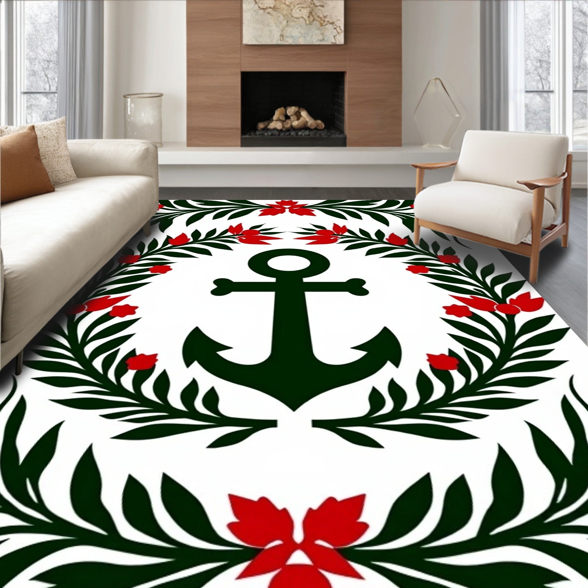 Green Anchor Red Floral Wreath Rug