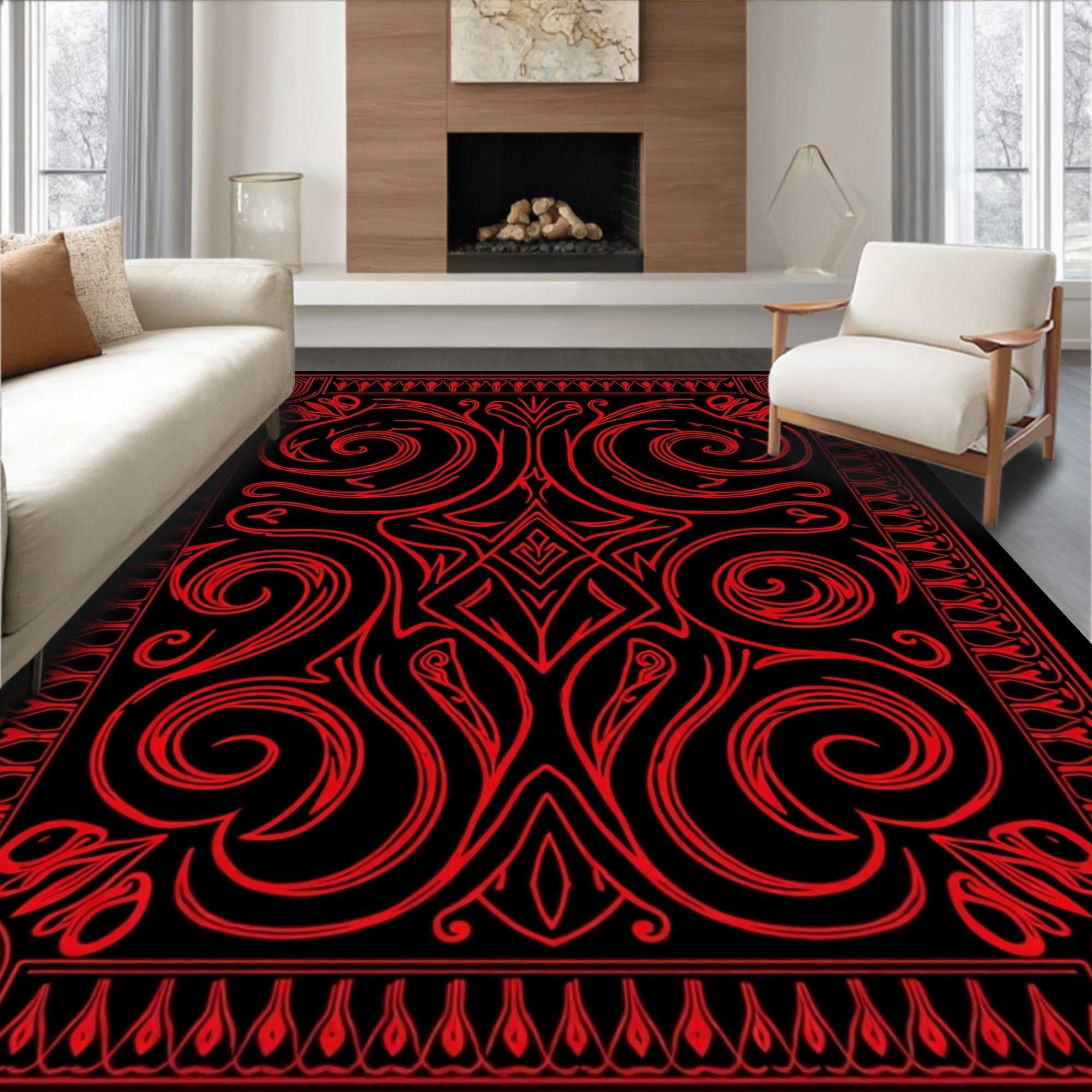 Bold Red Art Nouveau Swirl Rug