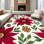 Crimson Flowers Green Leaves Pinecones Rug