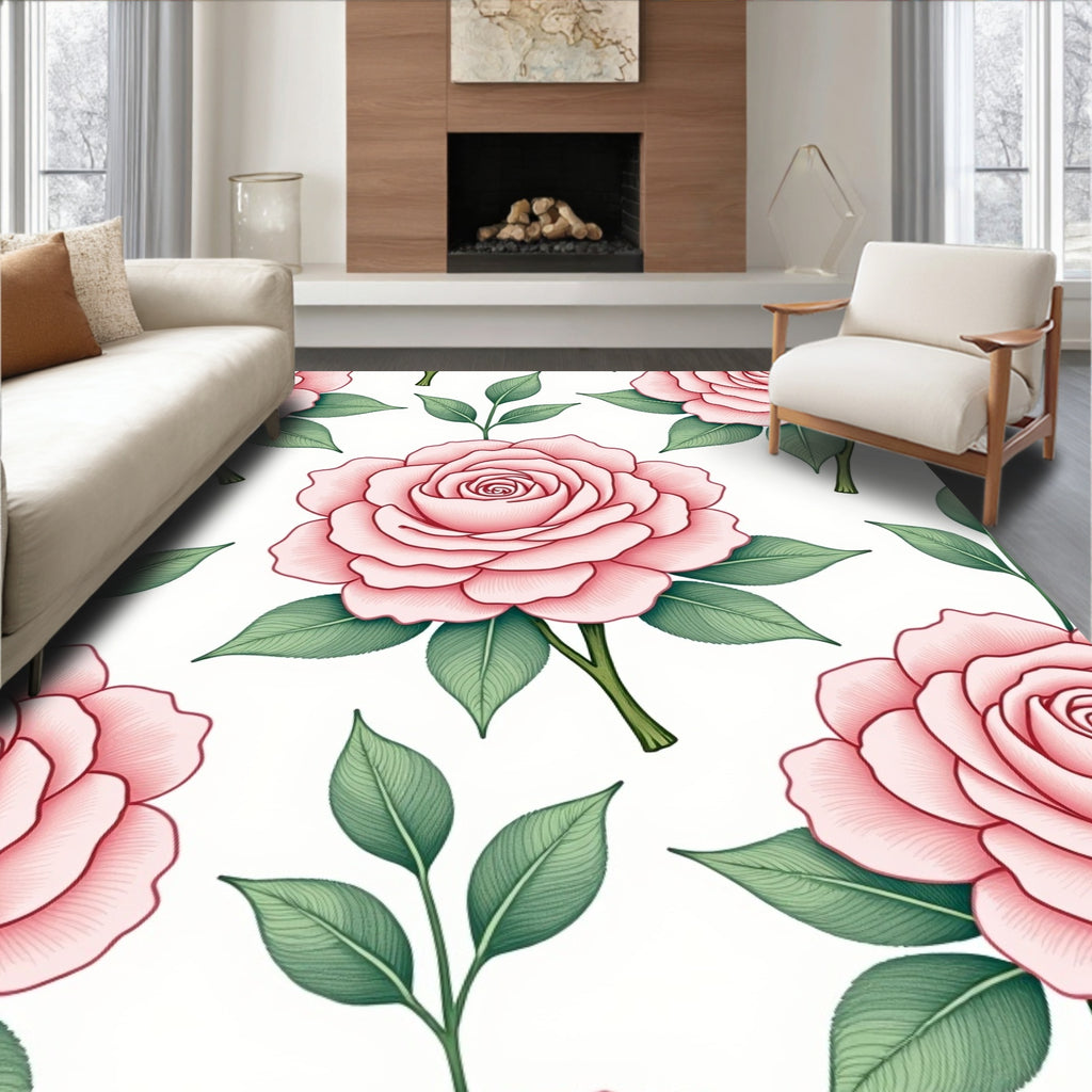 Pink Rose Garden Botanical Illustration Rug