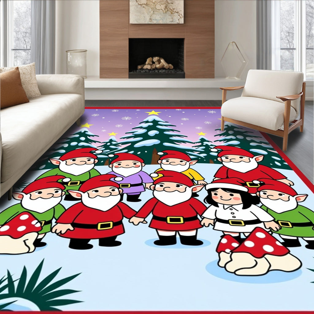 Whimsical Christmas Gnomes Snowfall Scene Rug