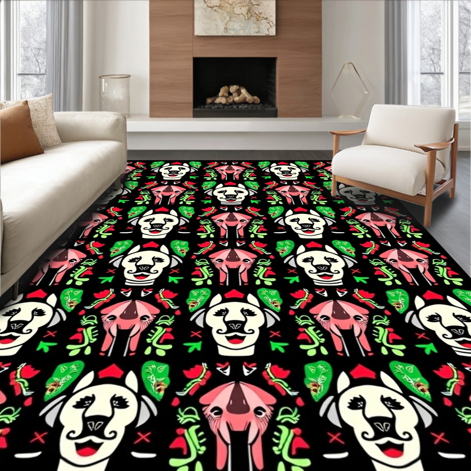 Whimsical White Dog Floral Repeat Rug