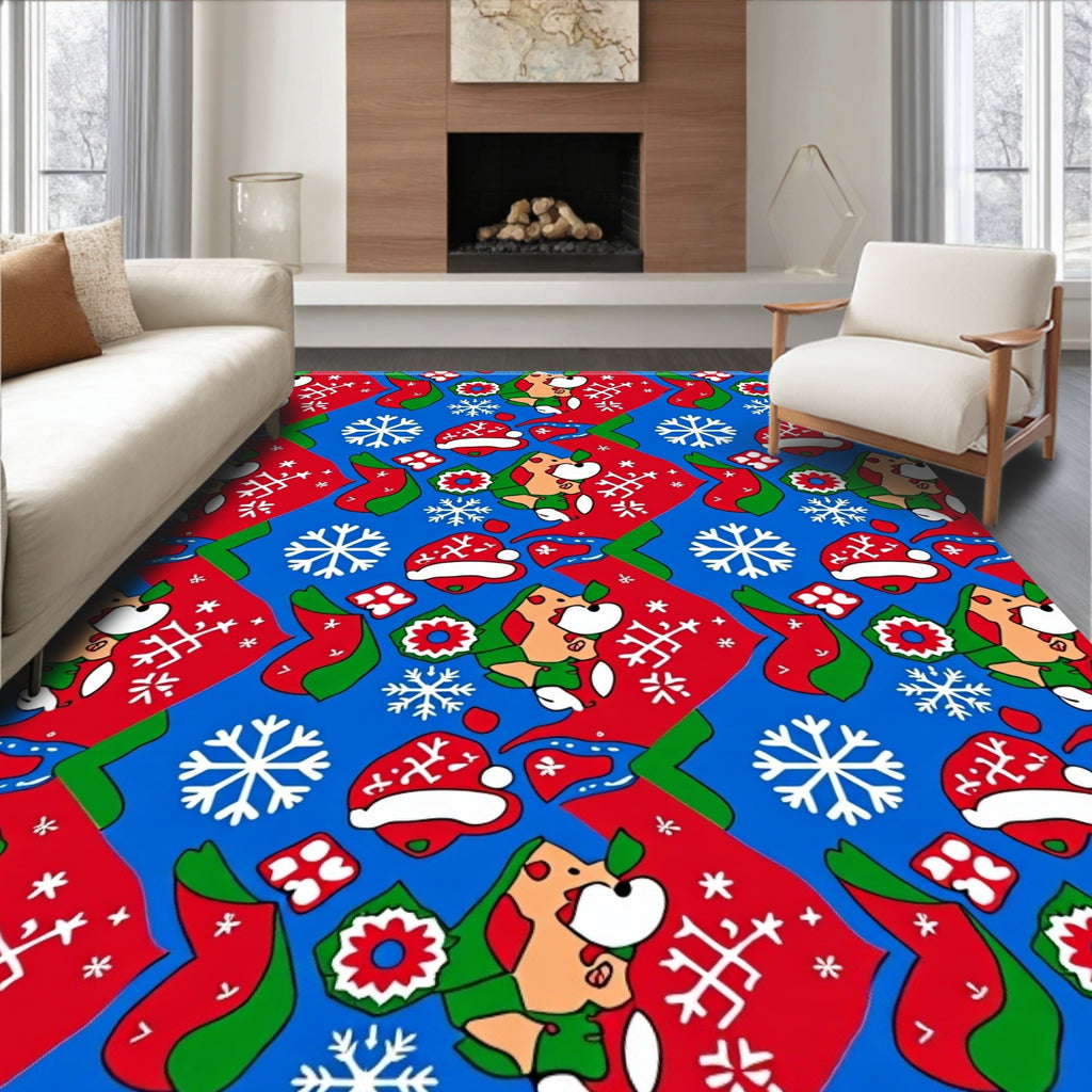 Jolly Blue Red Christmas Character Snowflakes Rug