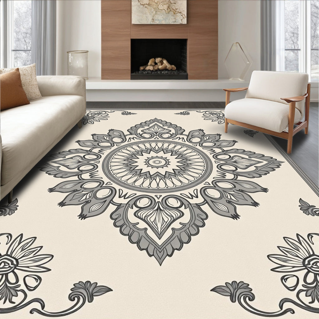 Ornate Grey Floral Mandala Border Rug