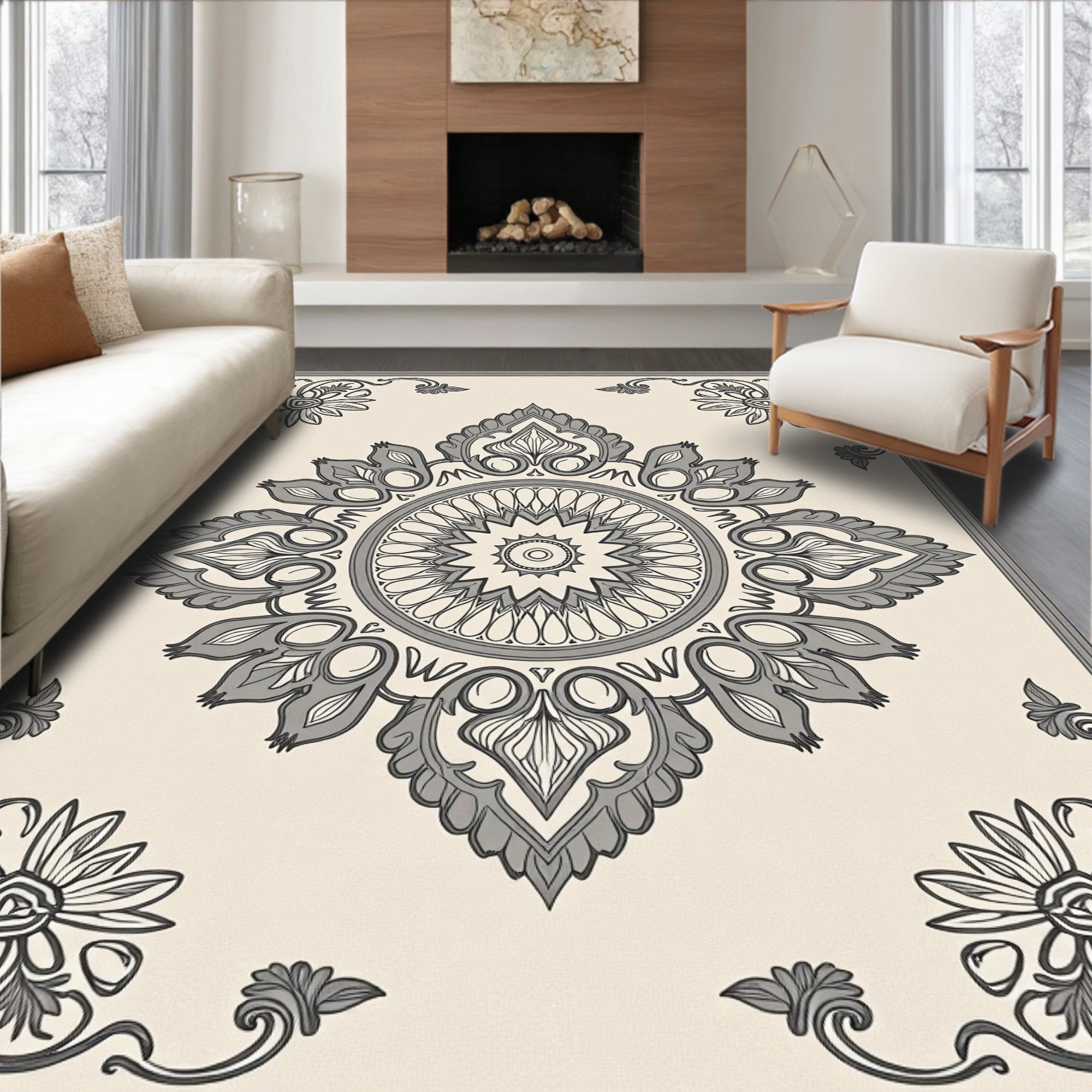Ornate Grey Floral Mandala Border Rug