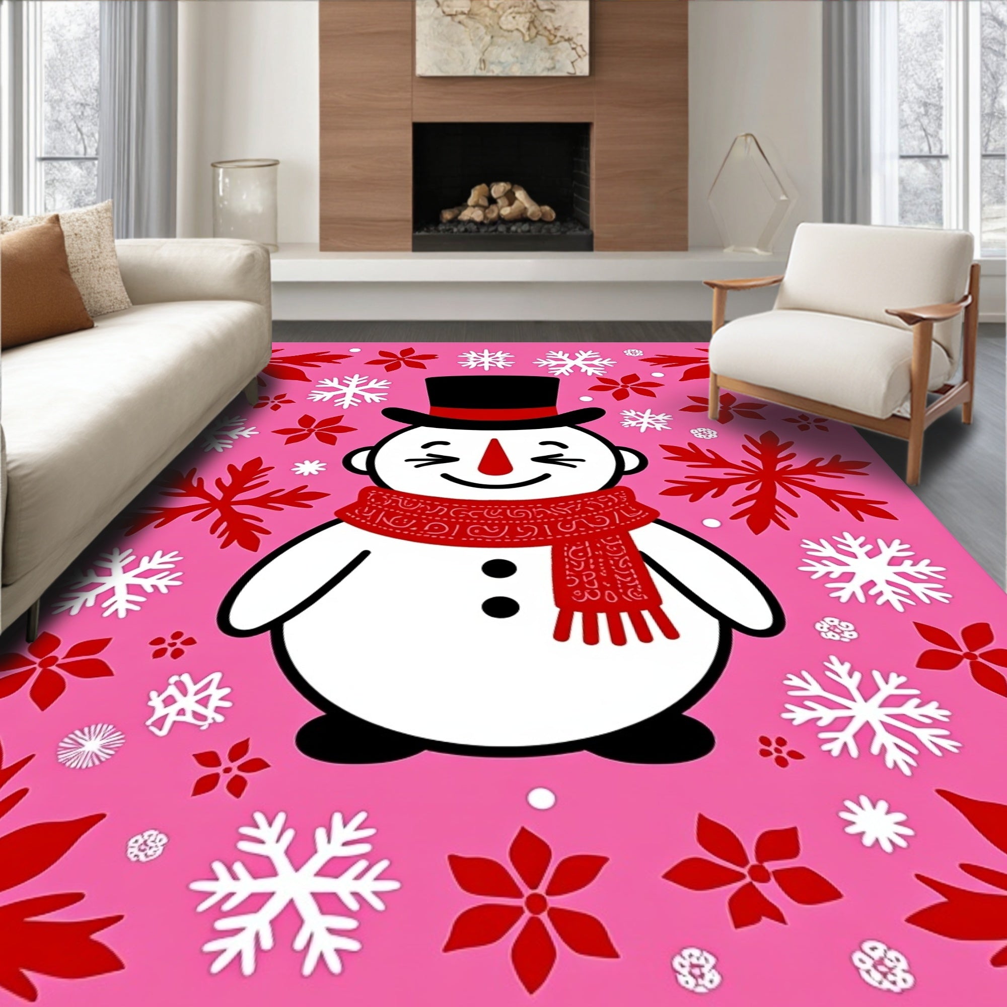 Festive Snowman Pink Snowflake Garden Rug