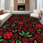 Bold Red Illustrated Floral Foliage Rug