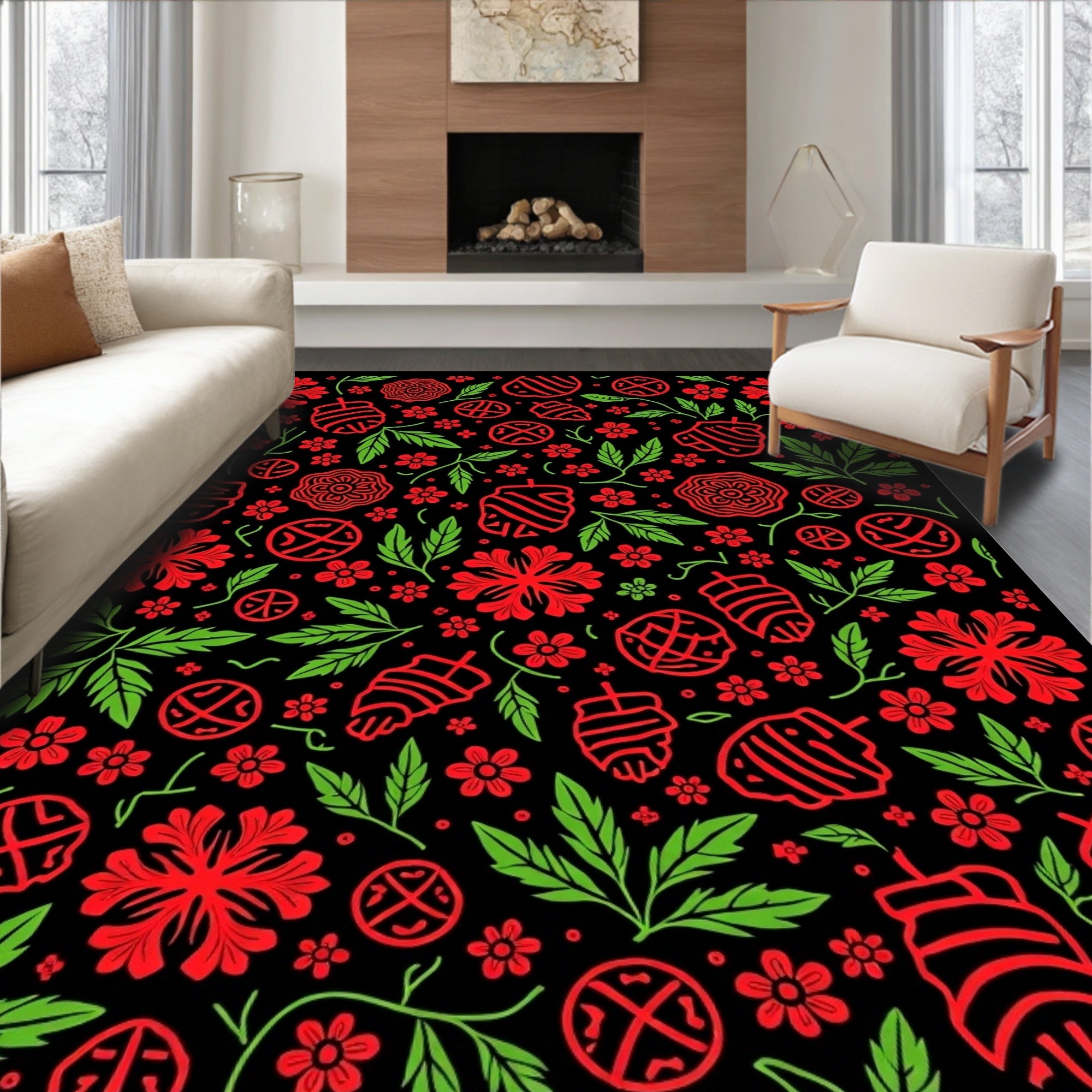 Bold Red Illustrated Floral Foliage Rug