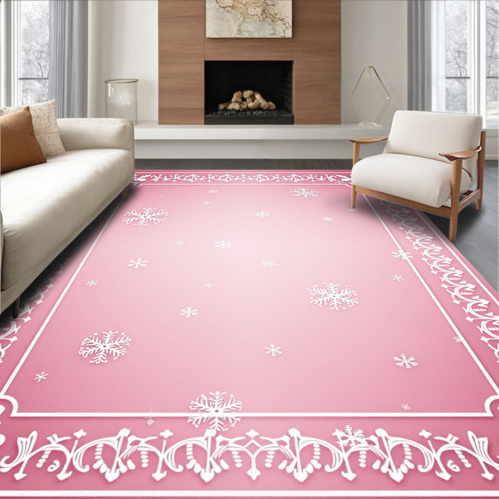 White Snowflake Pink Gradient Border Rug